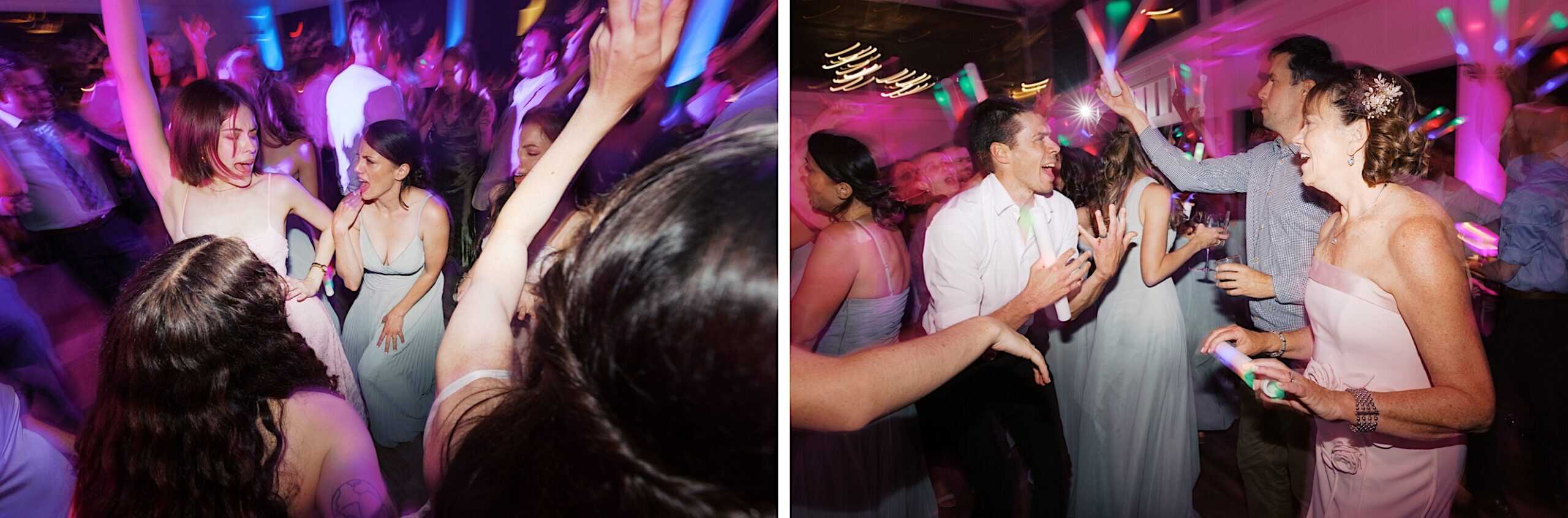 Guests in formal attire dance energetically under colorful lights, enjoying a lively atmosphere at a luxurious wedding at The Ivy at Ellis Preserve.