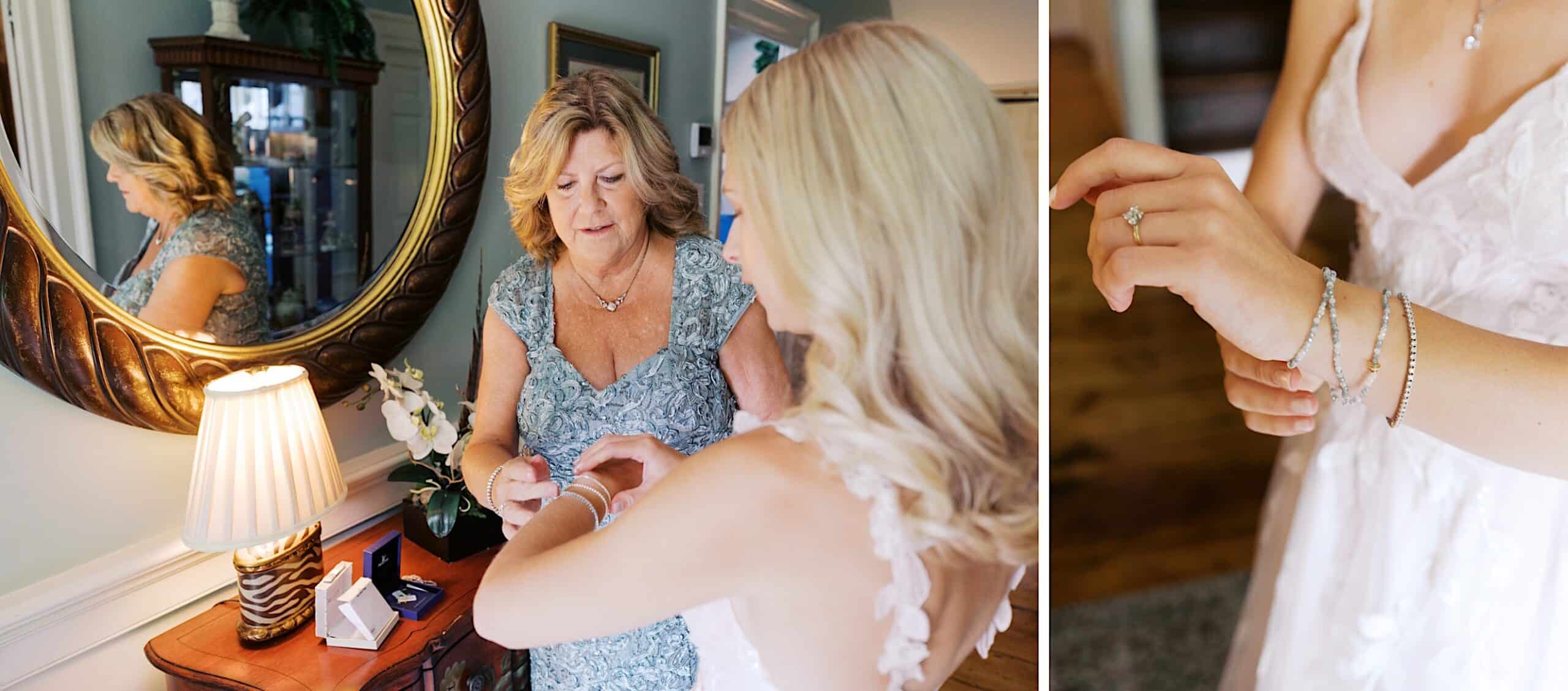 An older woman helps a younger woman put on a bracelet; a close-up shows the jewelry on the younger woman’s wrist at a beautiful wedding at Vincent Forge Mansion.