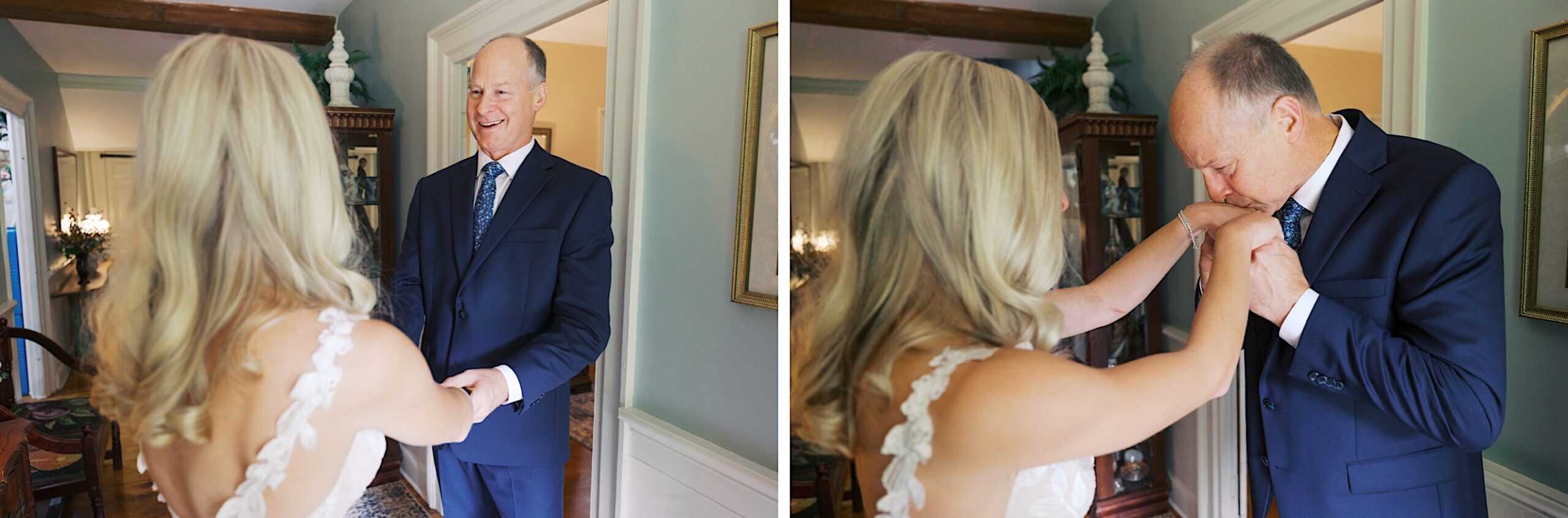 A man in a suit holds hands with a woman in a white dress during a beautiful wedding at Vincent Forge Mansion; he smiles in the first frame and kisses her hand in the second, both indoors.