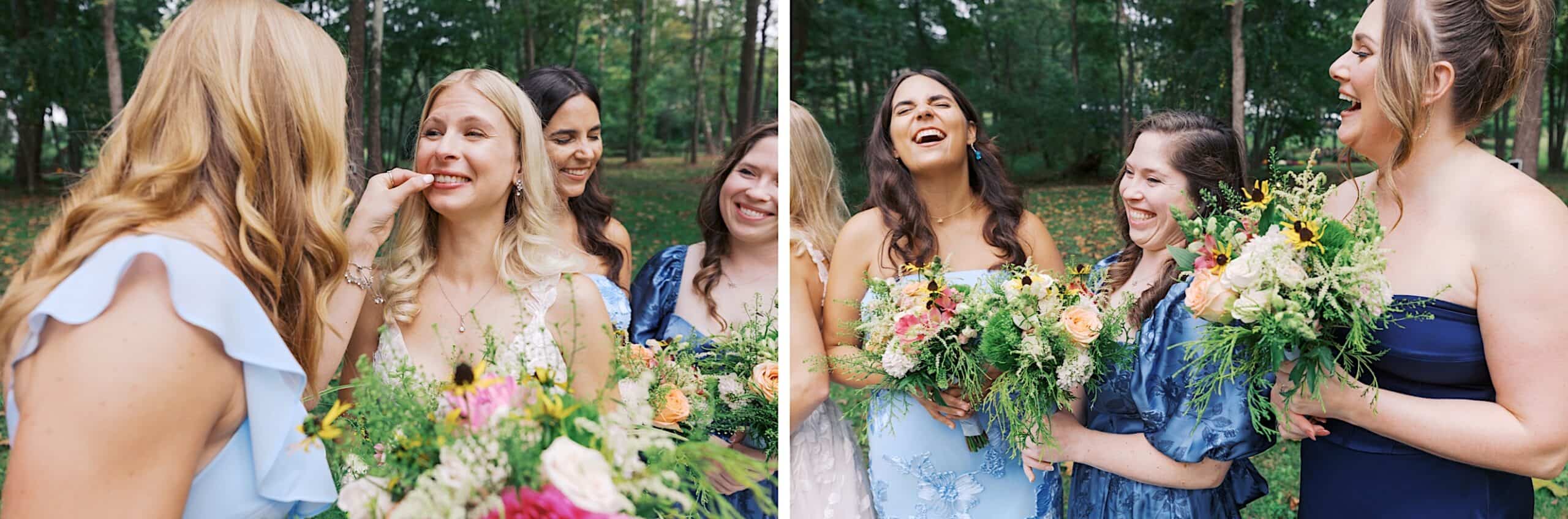 Two photos capture a beautiful wedding at Vincent Forge Mansion: a group of women in dresses holding bouquets, smiling and laughing outdoors, while one woman has her makeup applied. Trees frame the joyful scene in the background.