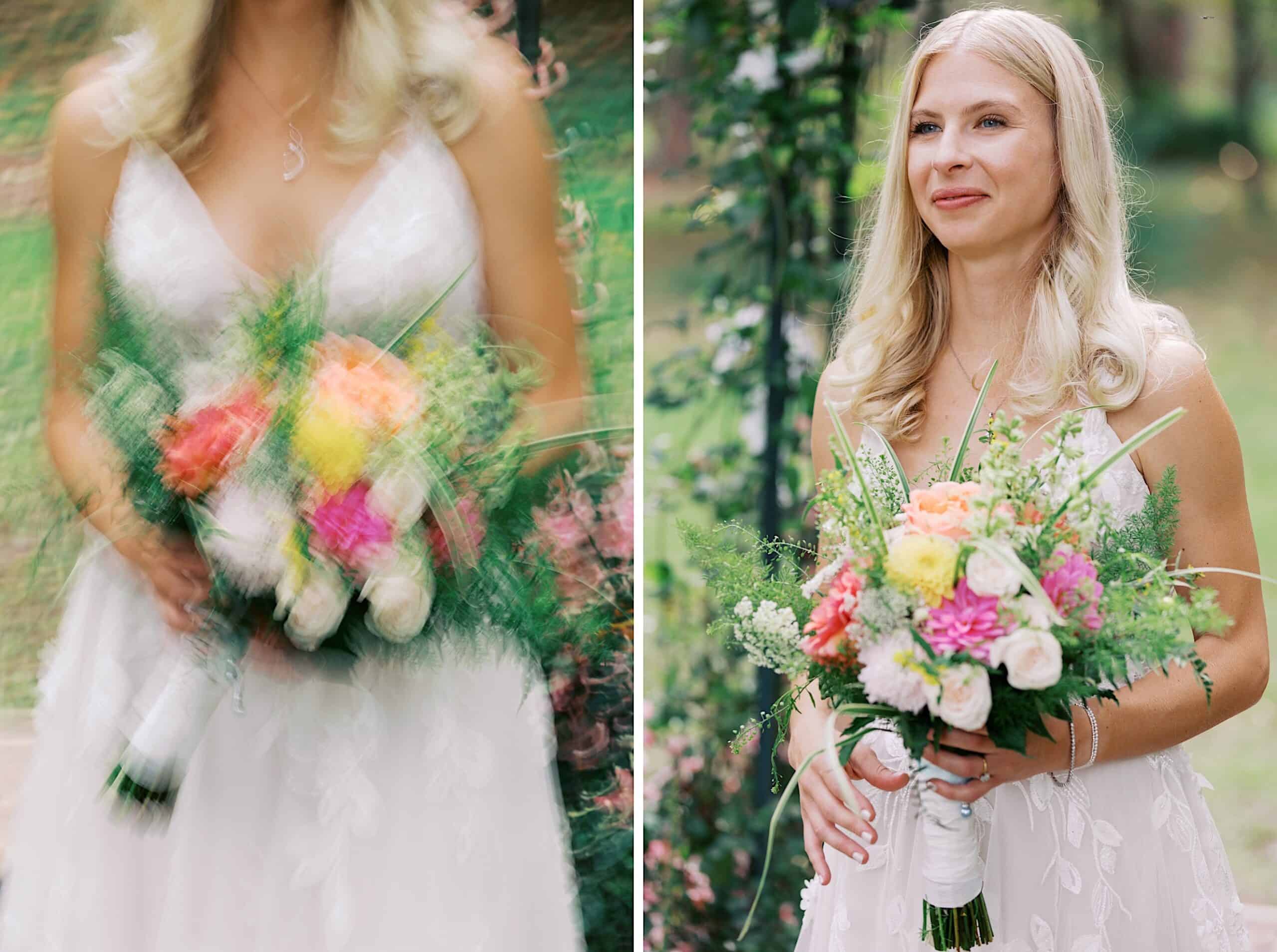 A woman in a white dress holding a colorful bouquet is shown; the left image is blurry, while the right is clear and focused, capturing a beautiful wedding at Vincent Forge Mansion.