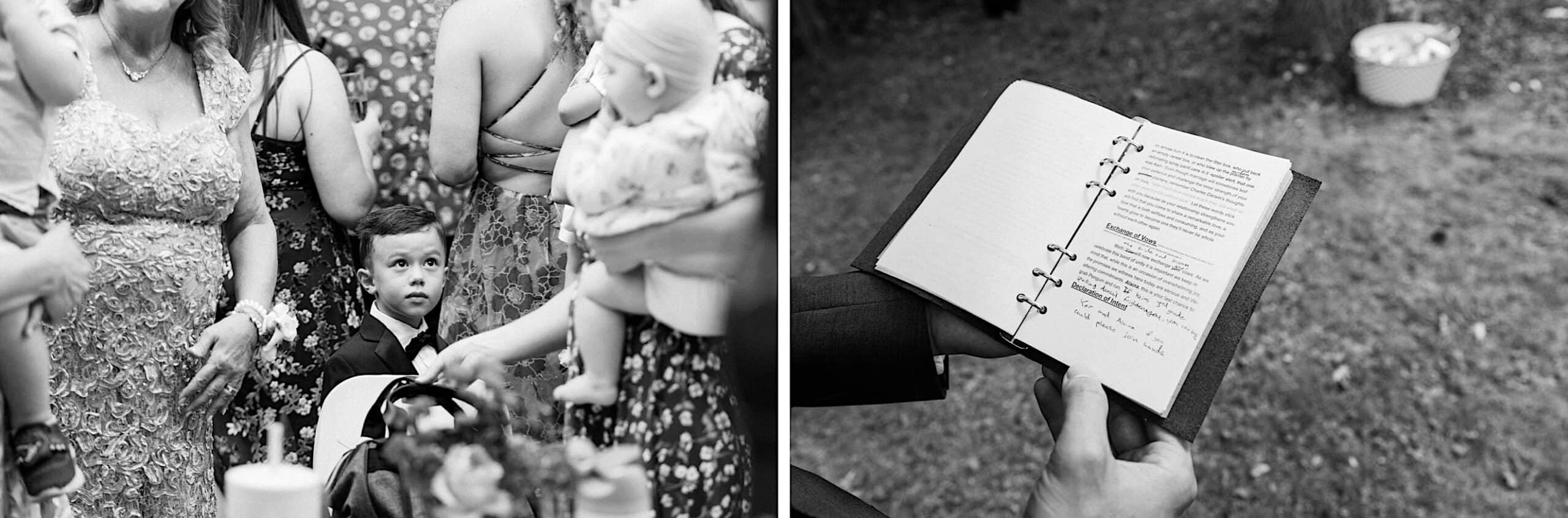 Black-and-white split image: Left shows a young boy in a suit looking up amid adults at a beautiful wedding at Vincent Forge Mansion; right shows a person holding an open binder with text, outdoors.