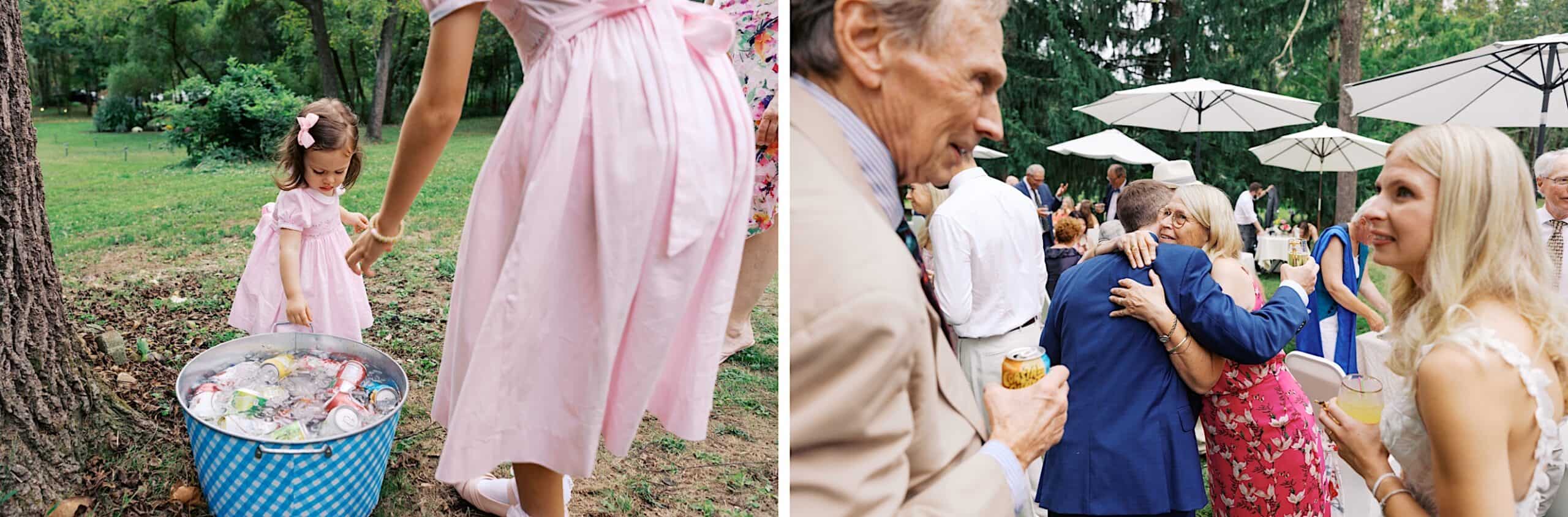 Left: A child in a pink dress stands near a tub of ice and drinks outdoors. Right: Adults socialize and hug at a beautiful wedding at Vincent Forge Mansion, with umbrellas and trees in the background.