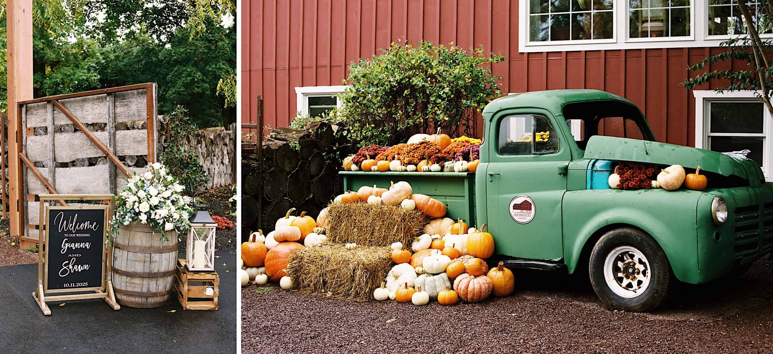 A vintage green truck filled with pumpkins and hay bales sits by a red barn; a rustic sign with flowers and barrels welcomes guests to a beautiful Lochwood Manor wedding fall event.