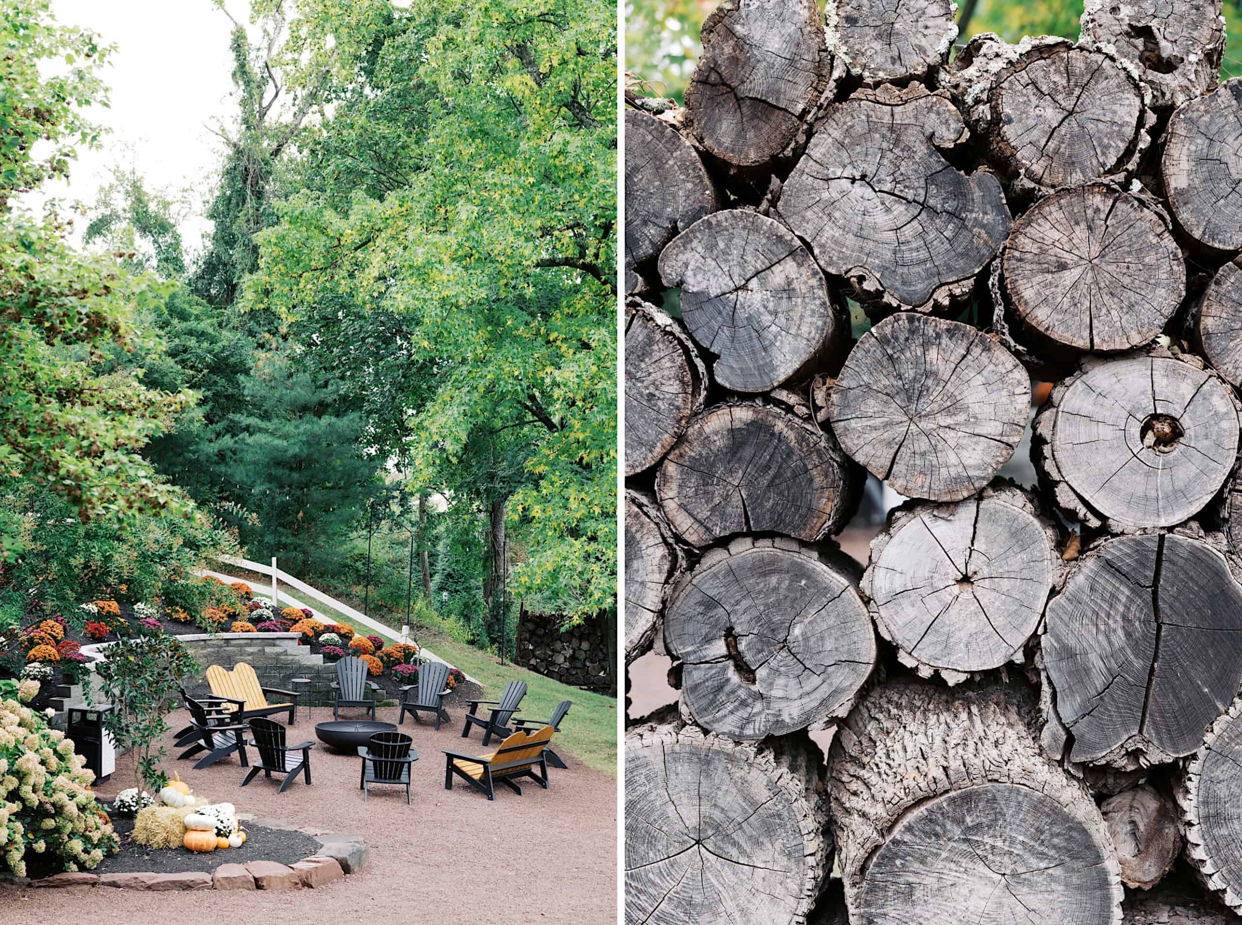 Outdoor seating area with black and wooden chairs around fire pits, surrounded by flowers and a close-up stack of cut firewood logs—perfect for a beautiful Lochwood Manor wedding.
