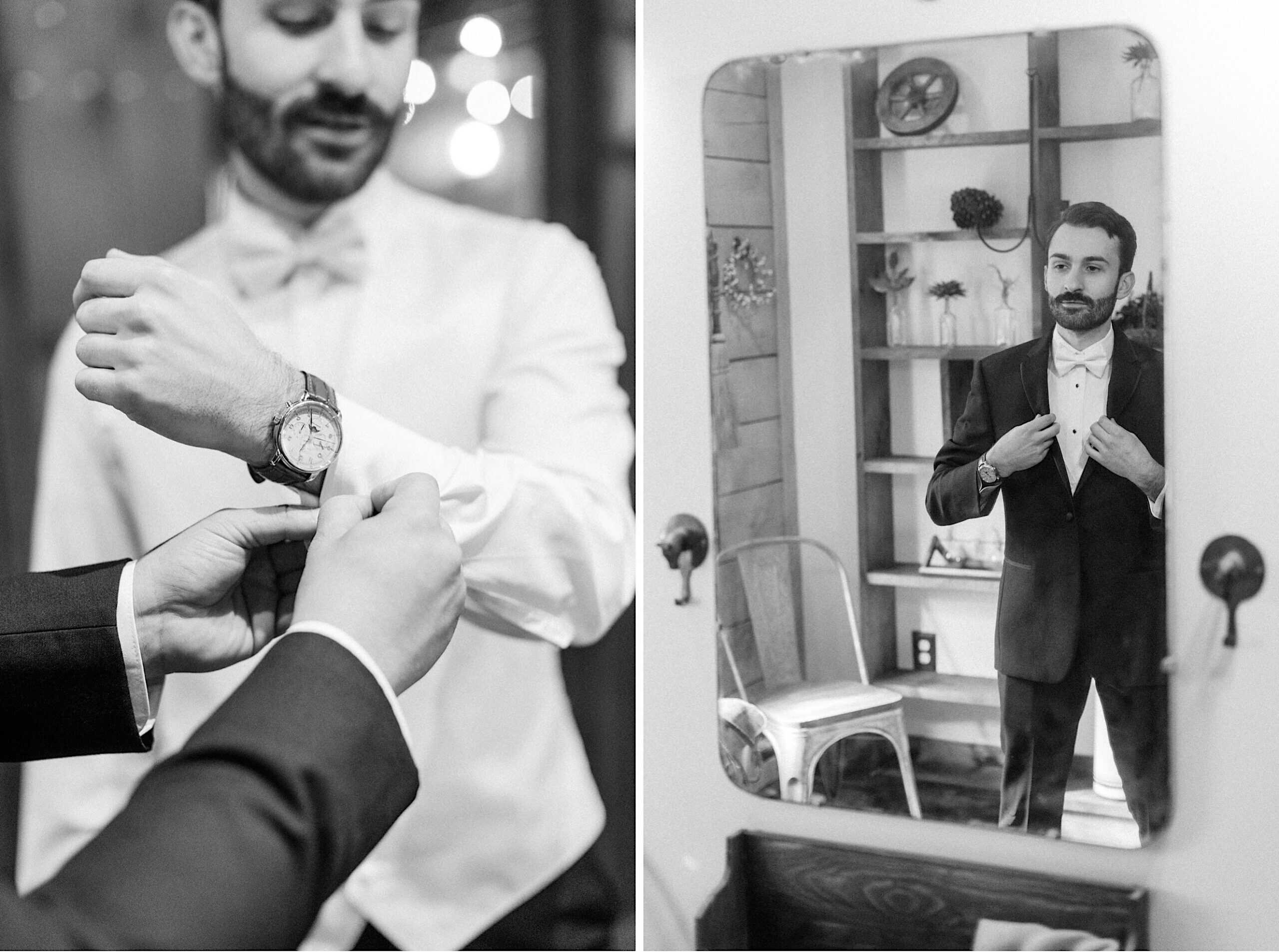 Two black-and-white photos capture a man in formal attire adjusting his suit and bow tie, with another person assisting him in the first image at a beautiful Lochwood Manor wedding.