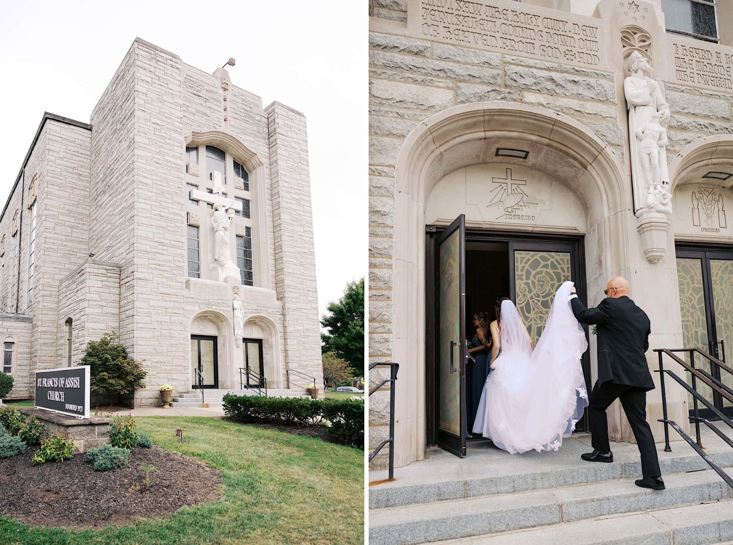 A bride and another person enter a stone church building with arched doorways and religious statues, as a church sign is visible in the garden—capturing the elegance of a beautiful Lochwood Manor wedding.