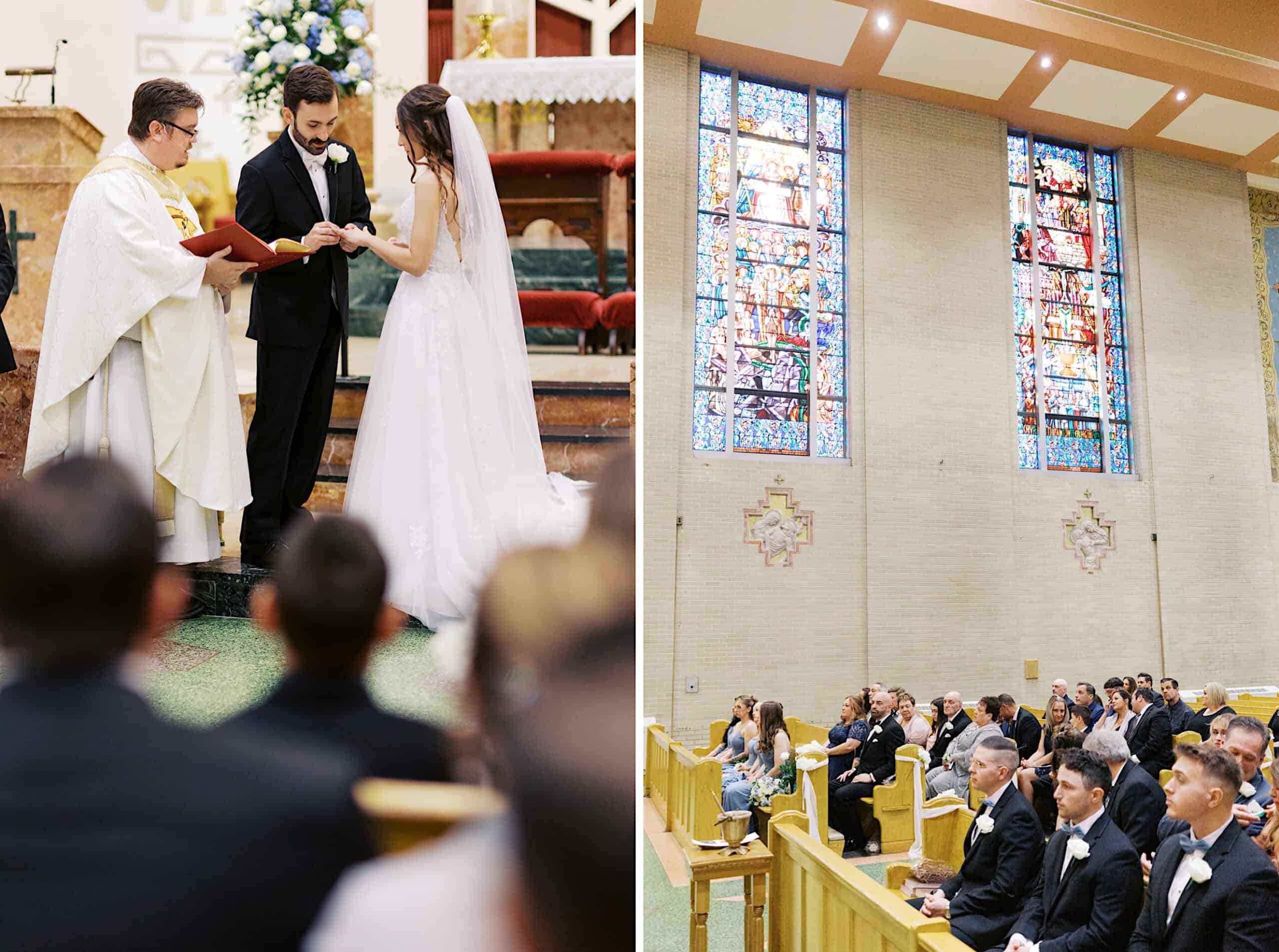 A bride and groom exchange rings during a beautiful Lochwood Manor wedding ceremony led by a priest, while guests seated in pews watch inside a church with stained glass windows.