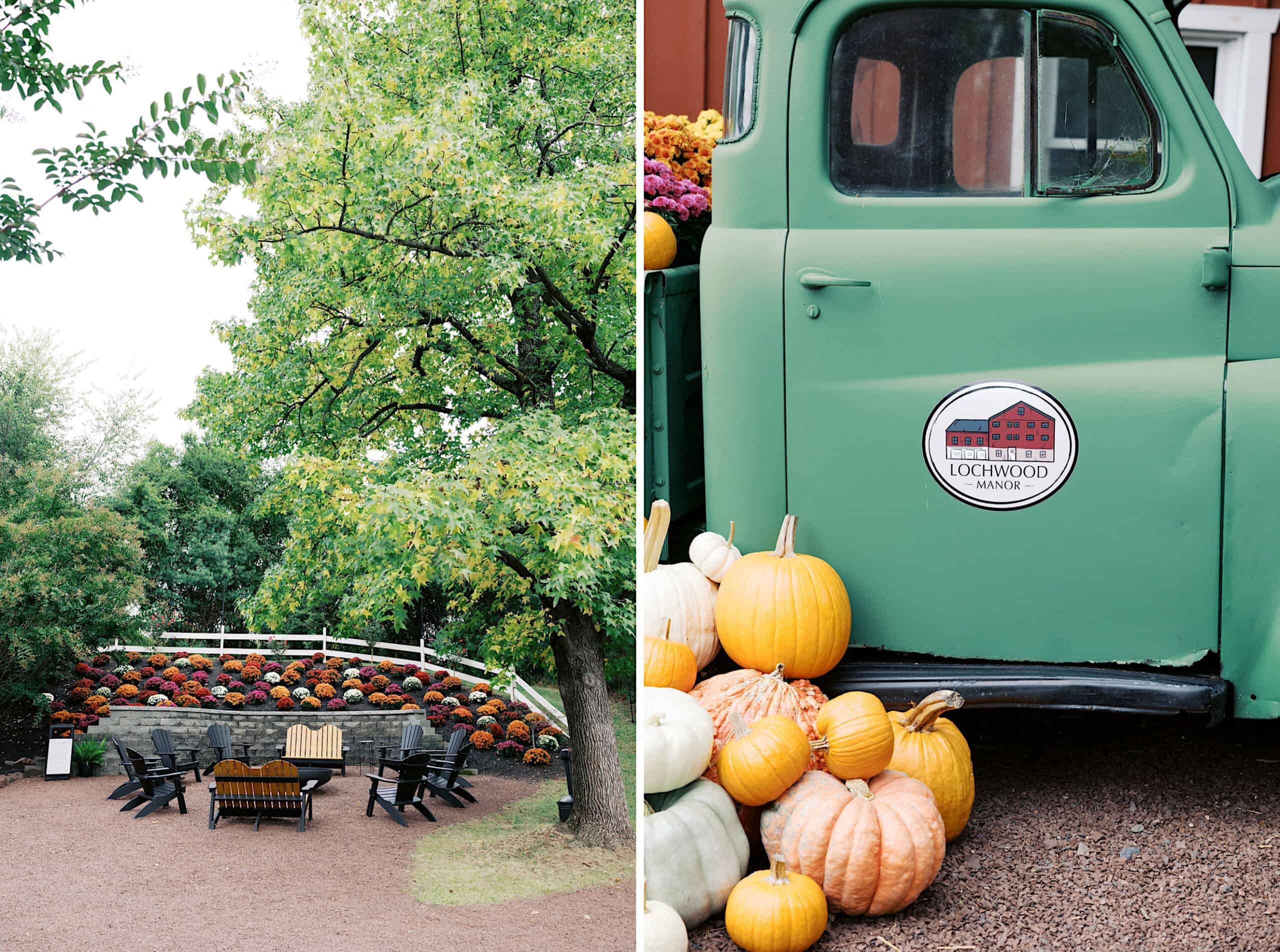 Left: Outdoor seating area with black chairs around a firepit, surrounded by trees and colorful flowers. Right: Green vintage truck with pumpkins and gourds, Lochwood Manor sign on door—perfect for a beautiful Lochwood Manor wedding backdrop.