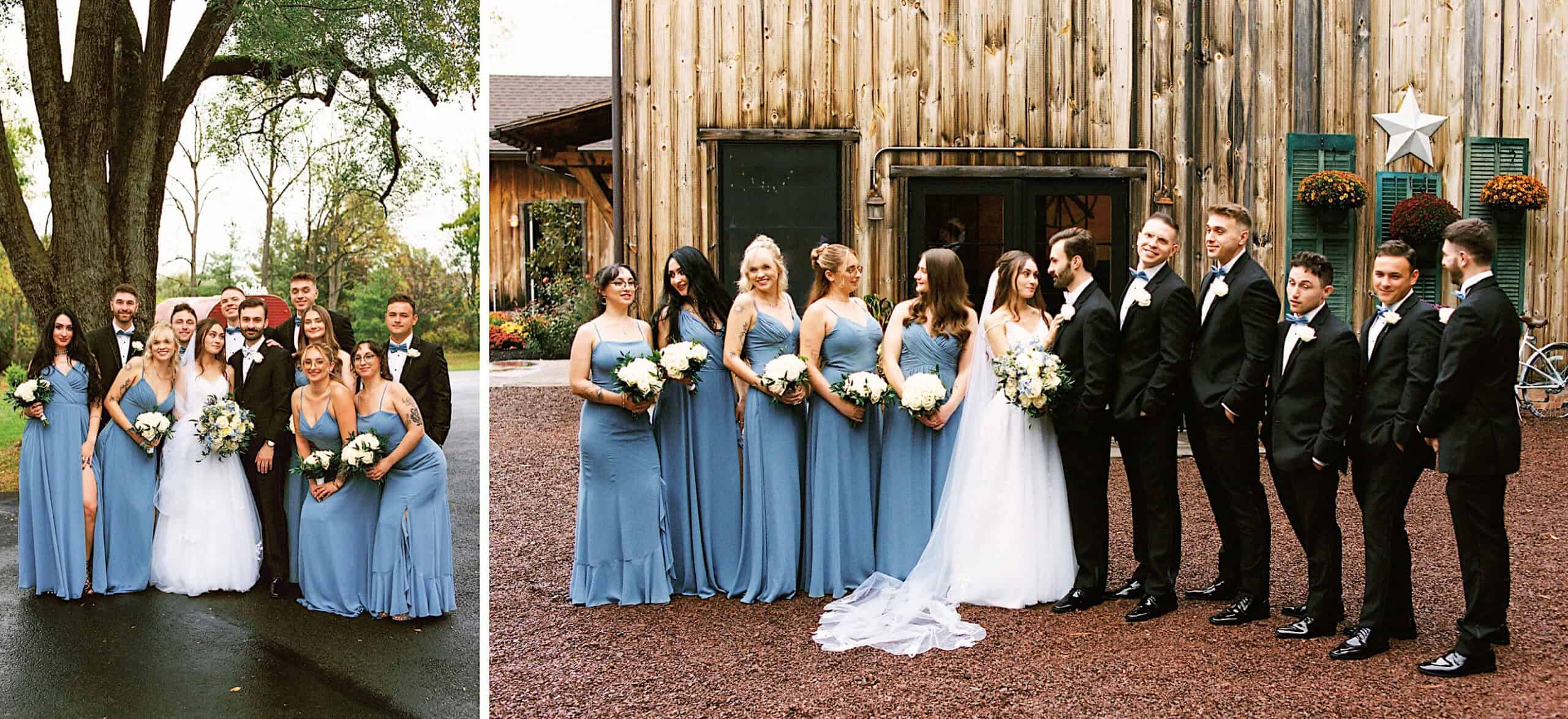 A bride and groom stand with their wedding party; bridesmaids in blue dresses and groomsmen in black suits with bow ties celebrate a beautiful Lochwood Manor wedding in an outdoor, rustic setting.
