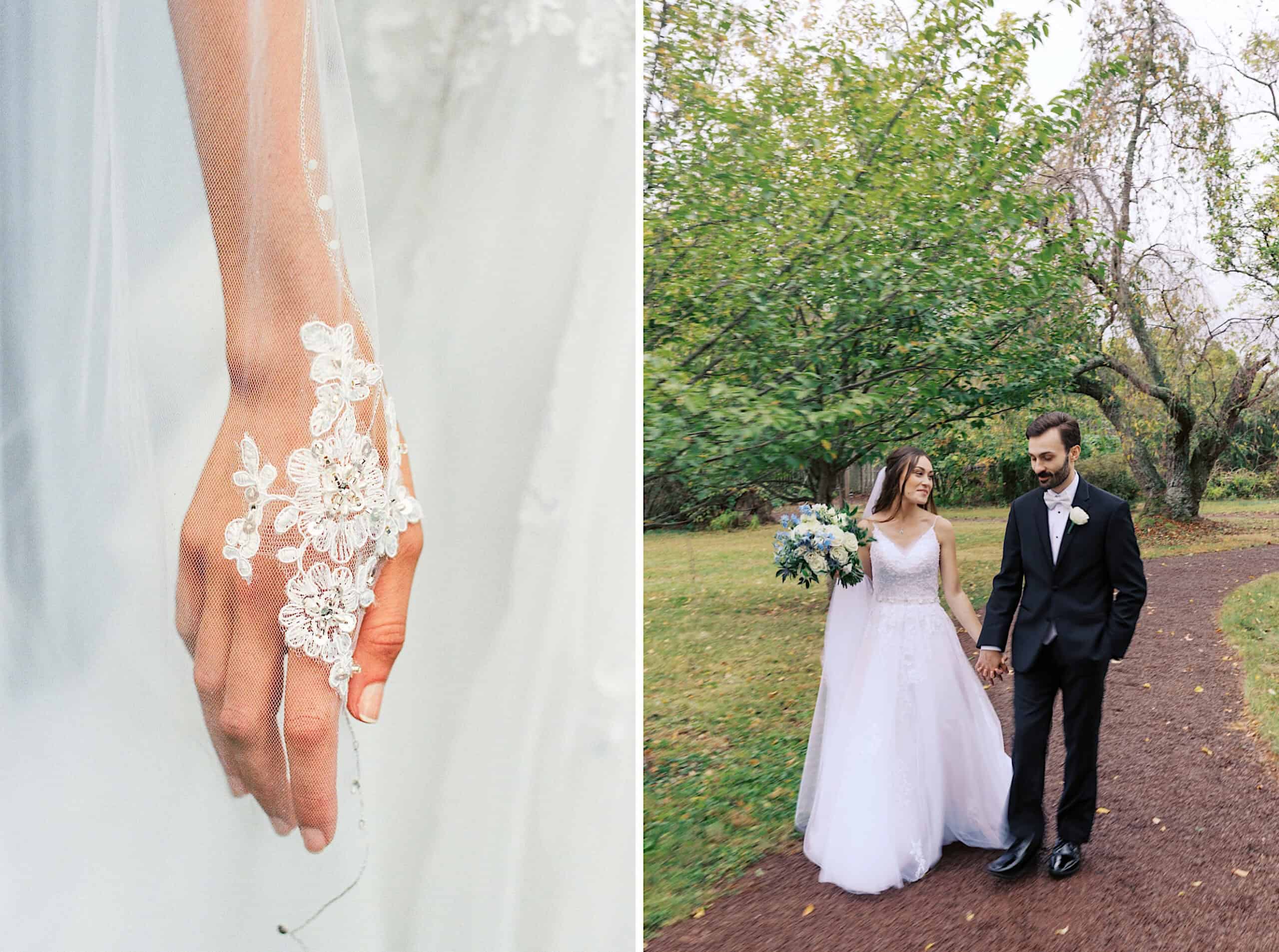 A close-up of a bride’s lace sleeve on the left; on the right, a bride and groom walk hand-in-hand outdoors in a park setting at their beautiful Lochwood Manor wedding.