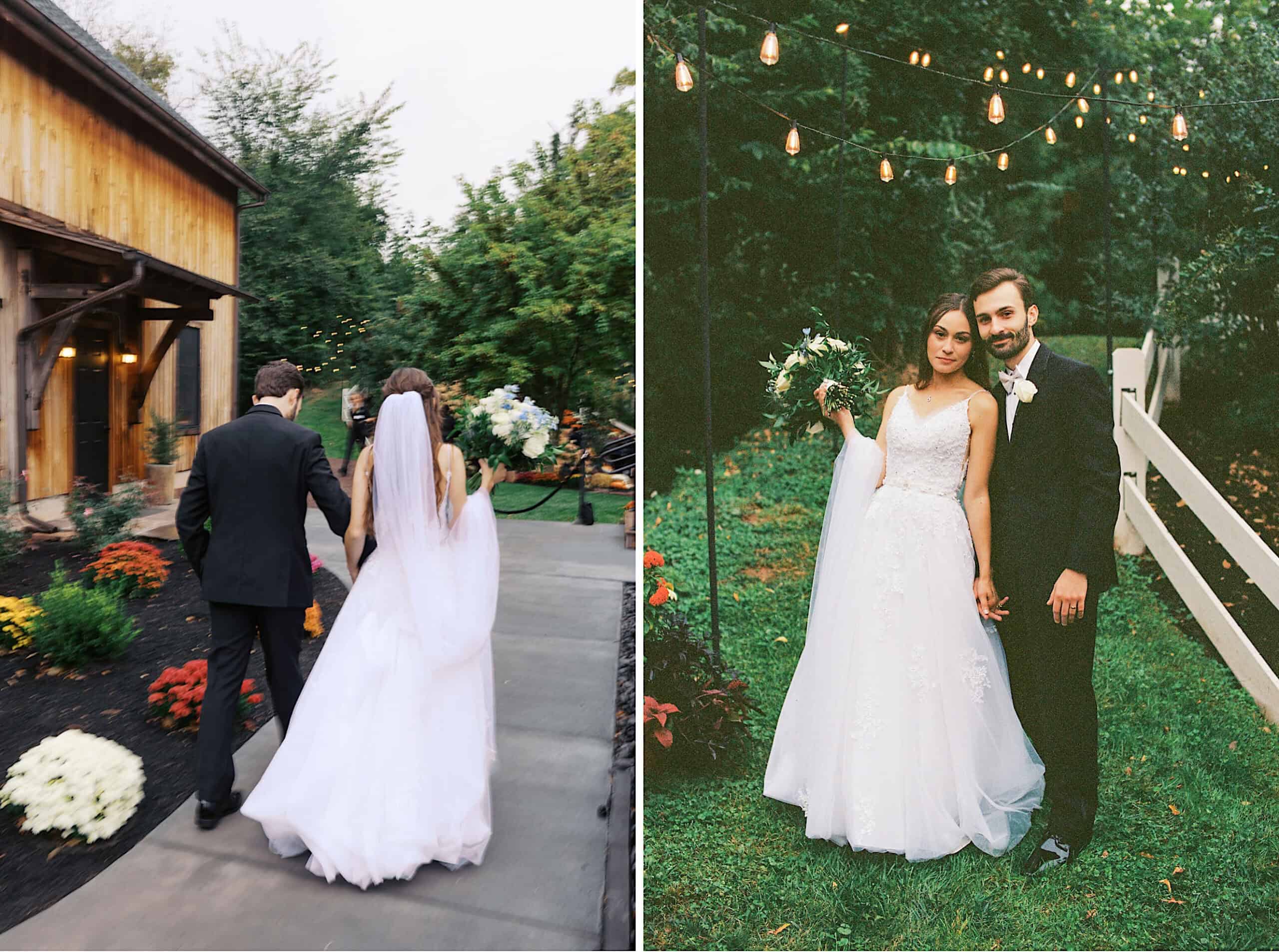 A bride and groom in formal wedding attire walk outdoors near a rustic building and pose together in a garden with string lights overhead during their beautiful Lochwood Manor wedding.