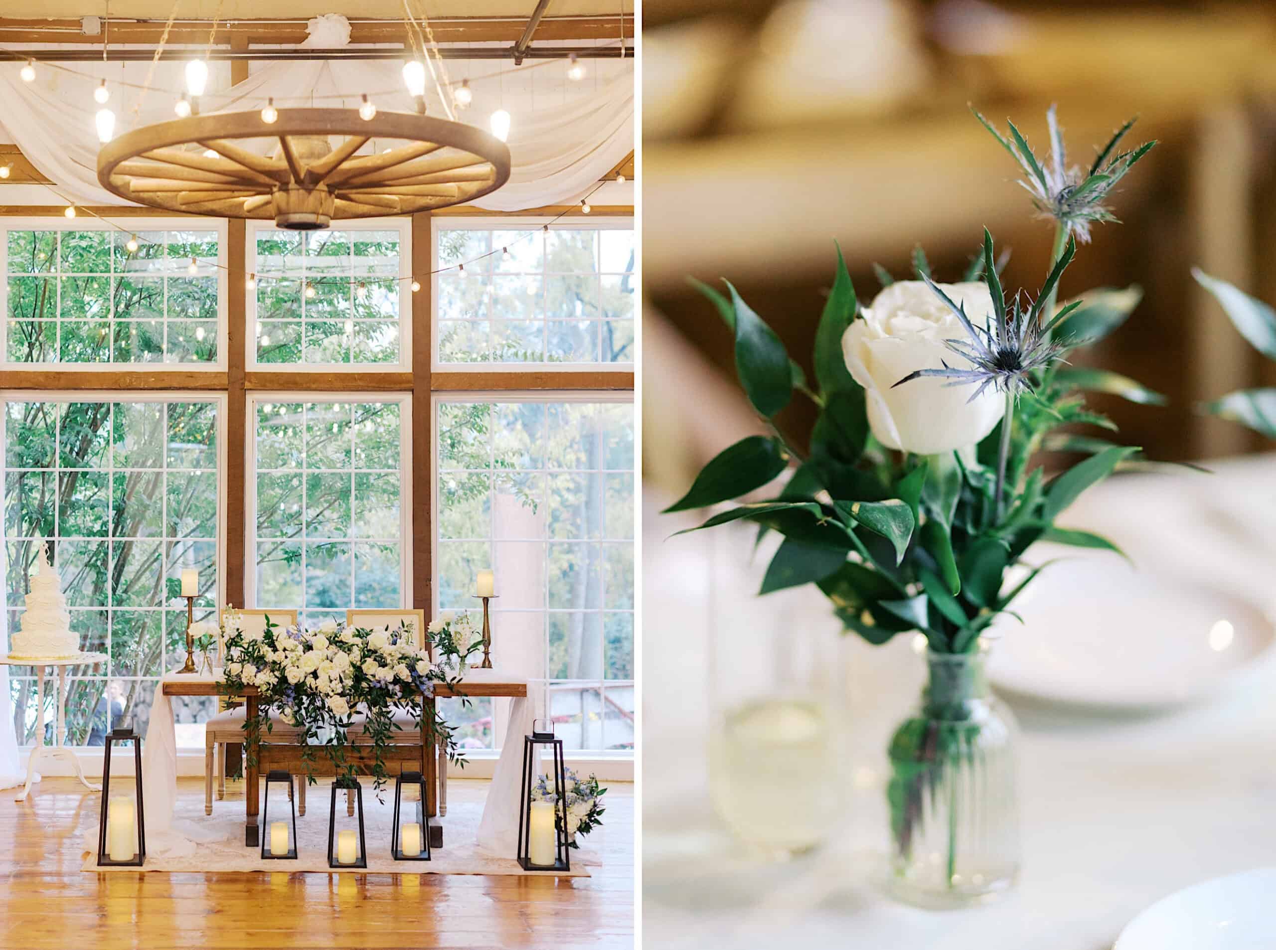 A decorated wedding venue with large windows, floral arrangements, lanterns, and a wooden chandelier; close-up of a white rose and thistle centerpiece in a glass vase on a table at this beautiful Lochwood Manor wedding.