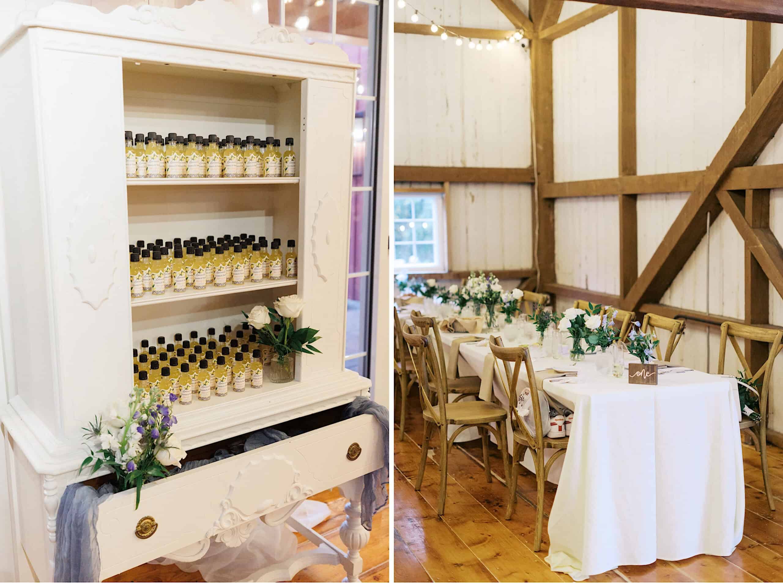A white cabinet displays small bottles with yellow labels, while round tables with white tablecloths and floral centerpieces are set up in a rustic wooden room for a beautiful Lochwood Manor wedding.
