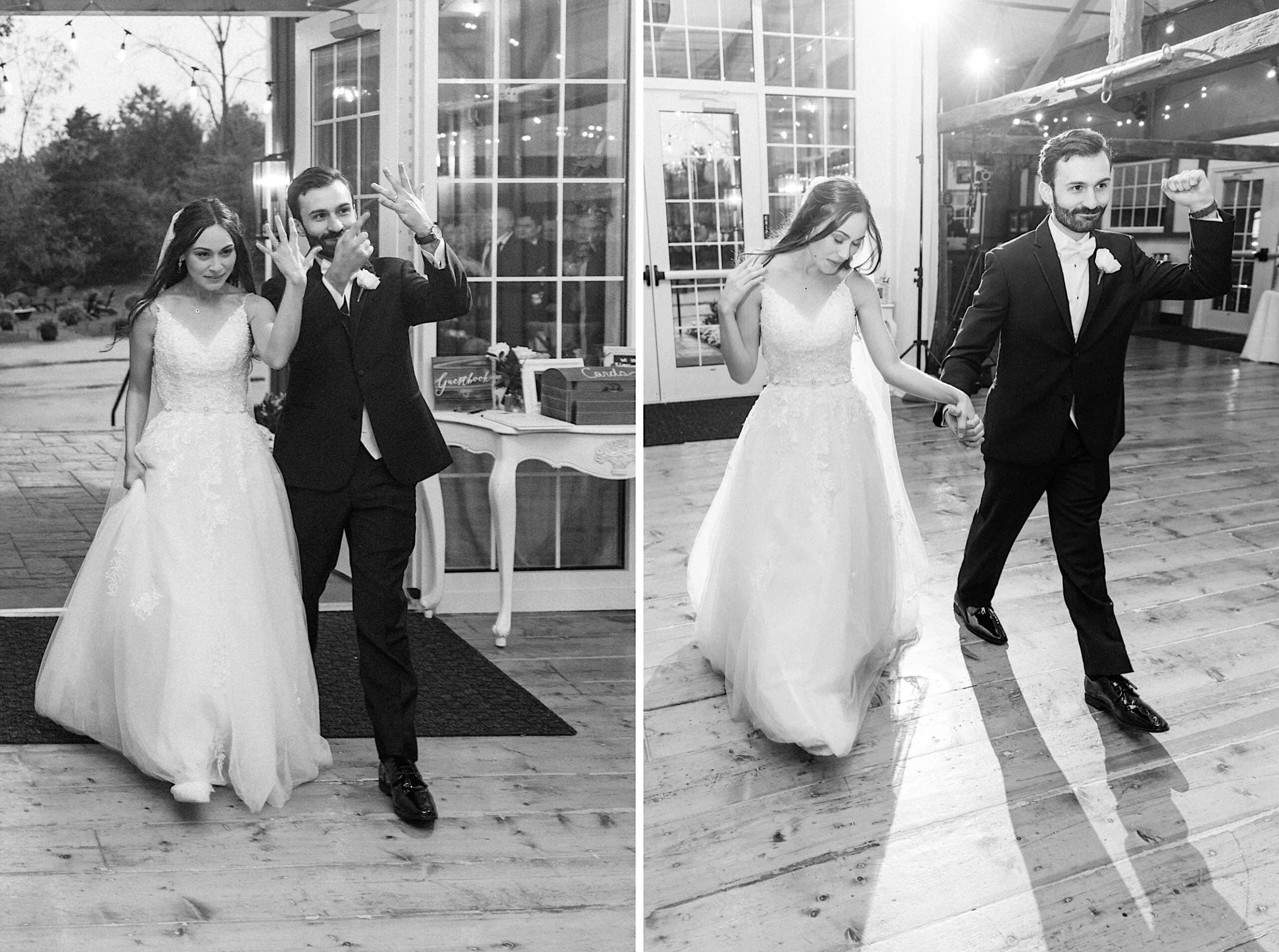 A bride and groom walk hand in hand into a beautiful Lochwood Manor wedding venue, smiling and waving, wearing formal wedding attire.
