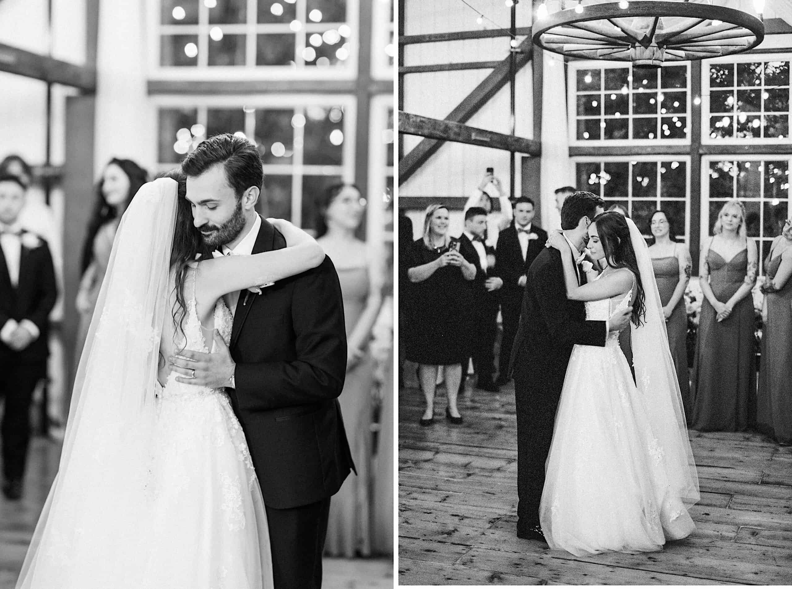 Black and white photos capture a beautiful Lochwood Manor wedding, as the bride and groom share their first dance indoors with guests watching in the background.