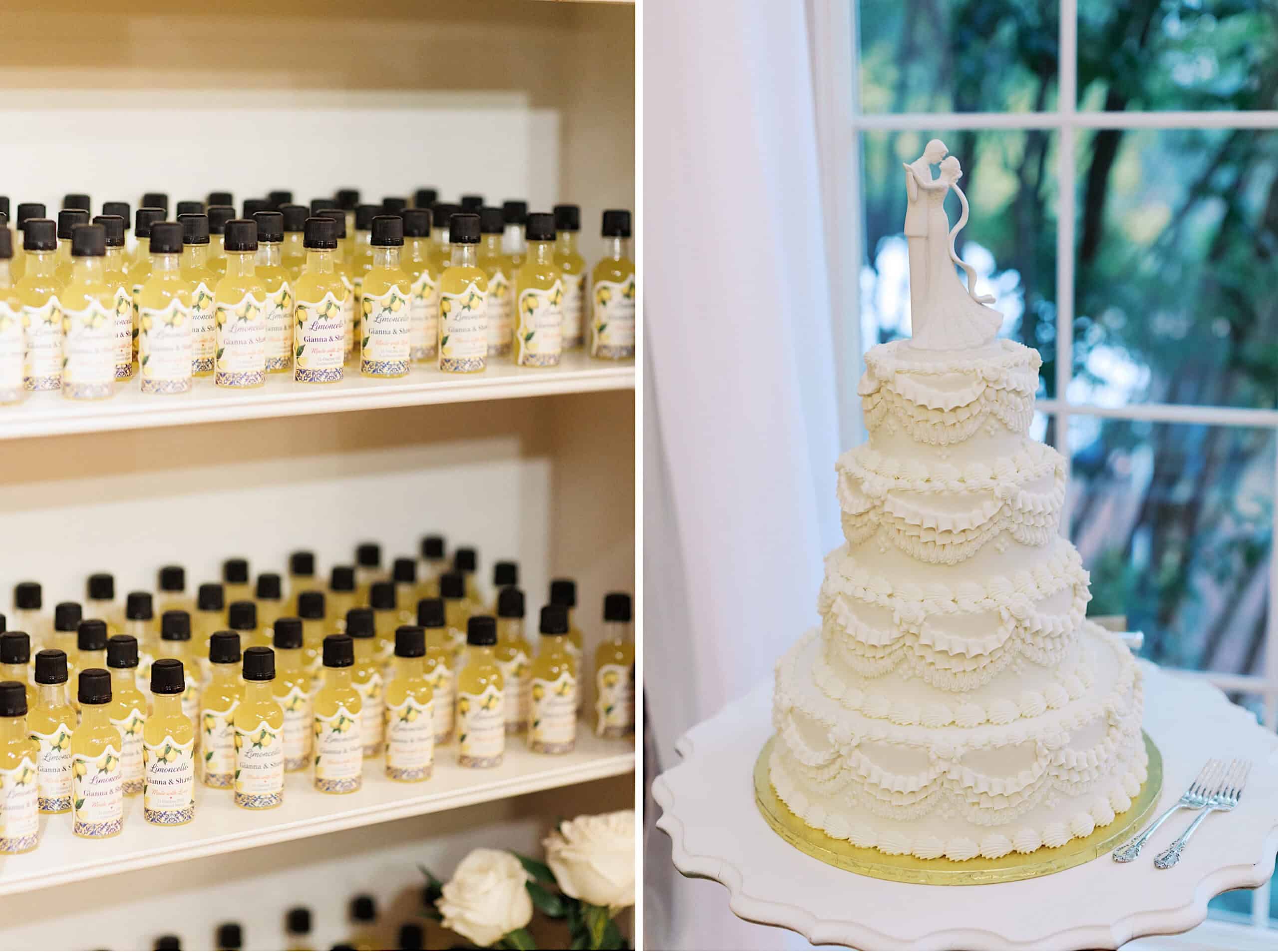 Shelf with small bottles of yellow liquid on the left; on the right, a three-tier white cake with a dancing couple topper—perfect details from a beautiful Lochwood Manor wedding.