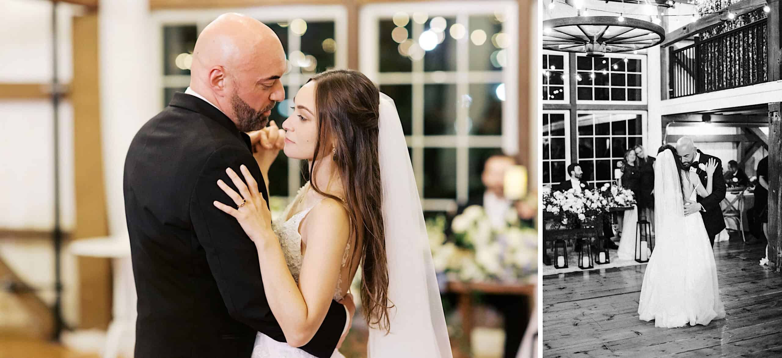 A bride in a white dress and veil dances with a bald man in a suit at a beautiful Lochwood Manor wedding, with guests and elegant decorations visible in the background.