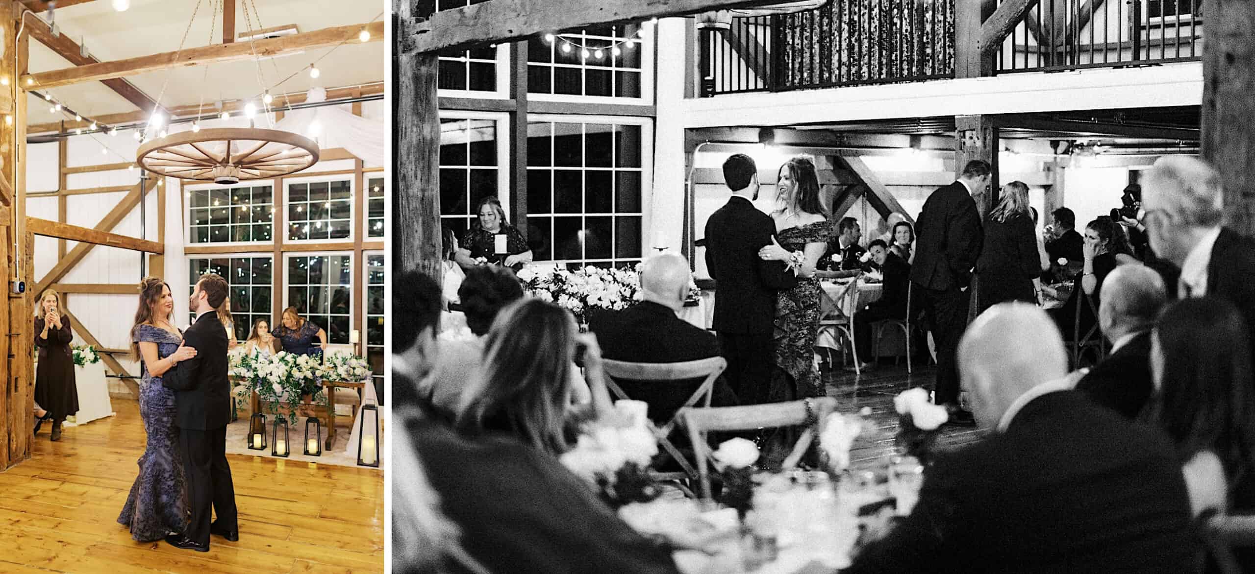 Two people dance together in a rustic, barn-style venue at a beautiful Lochwood Manor wedding while guests watch and sit at decorated tables.