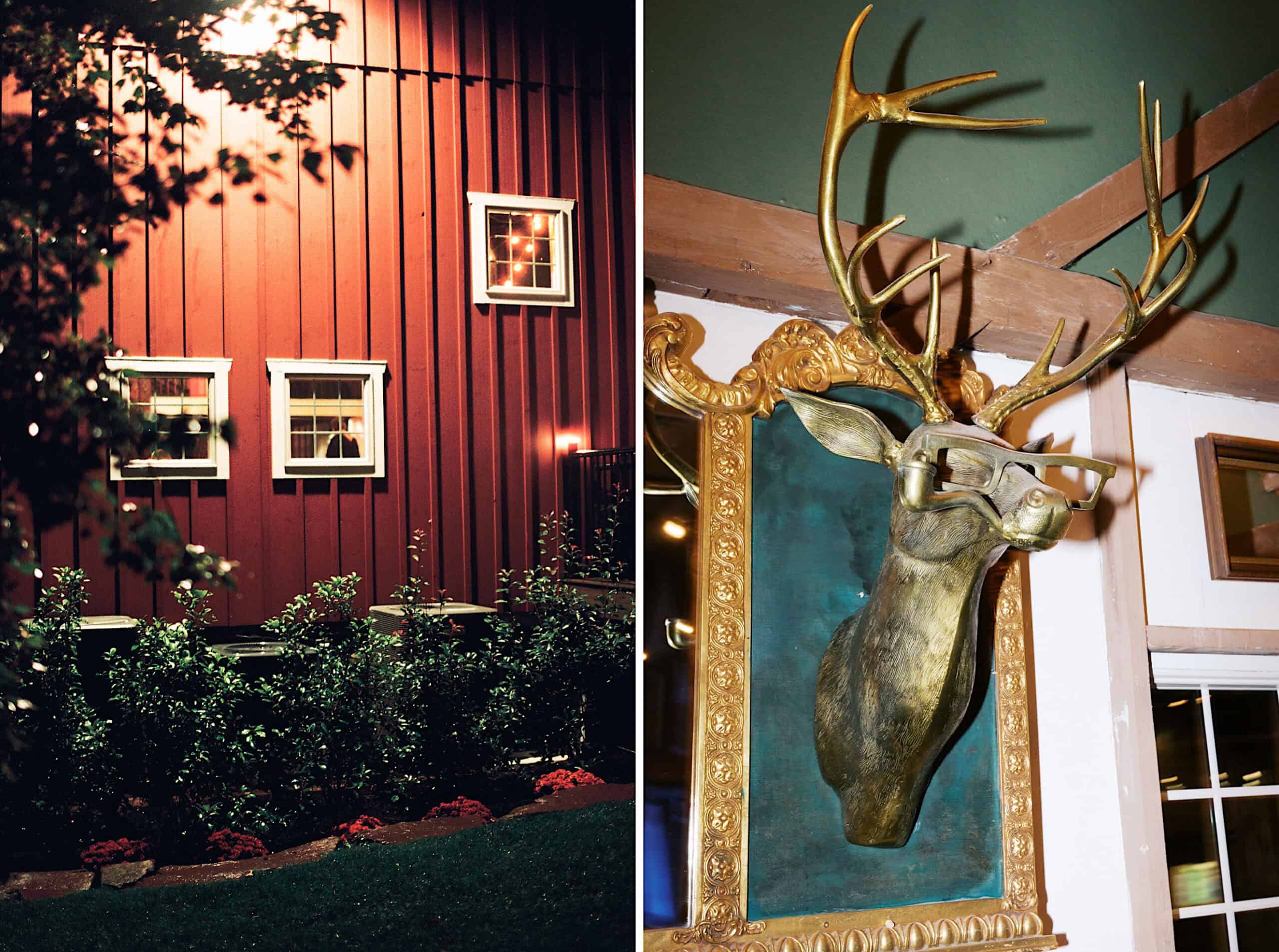 Left: Exterior view of a red building at night with three lit windows and a garden below. Right: Mounted deer head with glasses in a gold frame on an indoor wall at a beautiful Lochwood Manor wedding.
