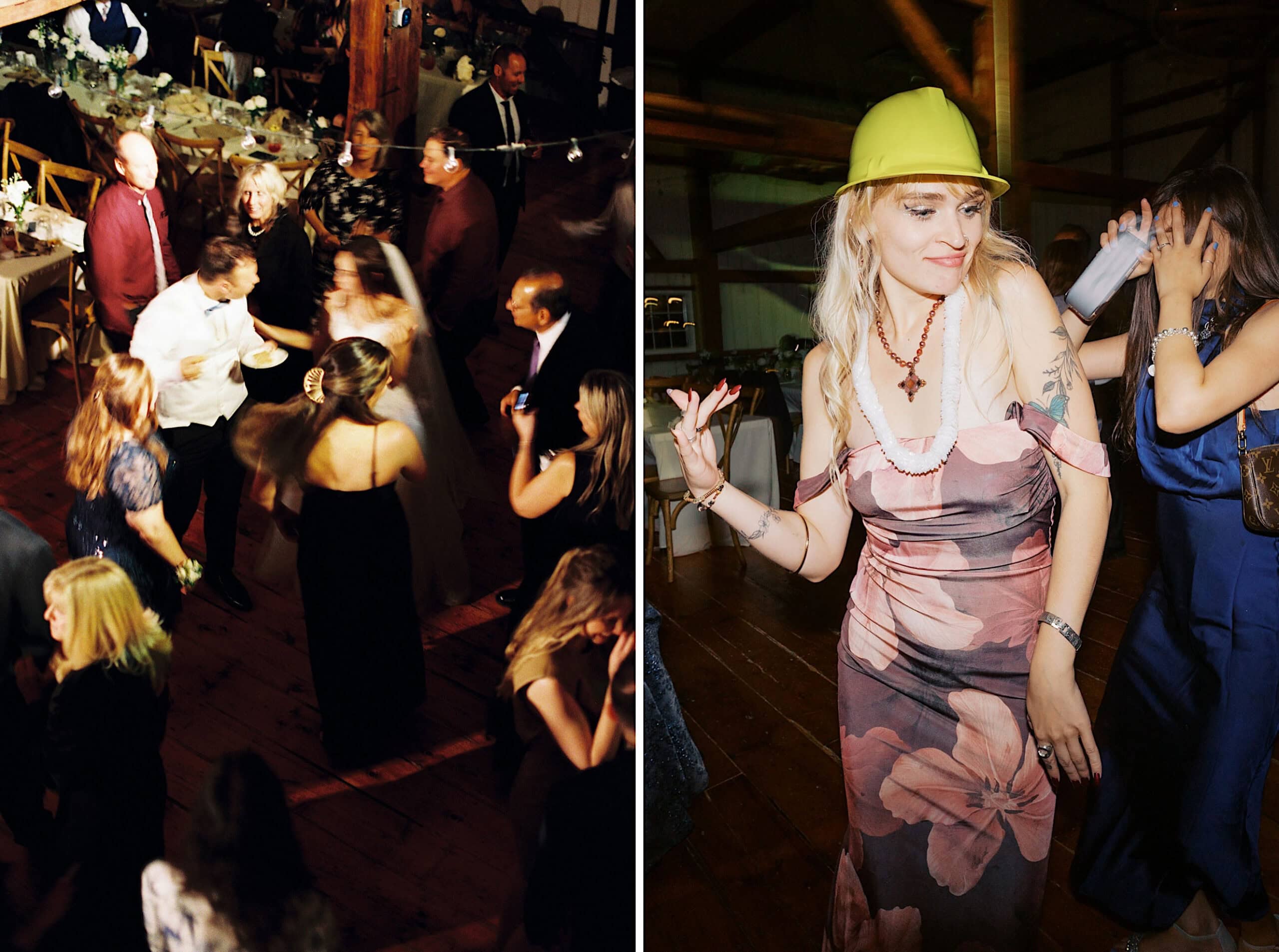 A split image shows people dancing at a dimly lit indoor event on the left, and a woman in a floral dress and yellow hard hat joyfully dancing at a beautiful Lochwood Manor wedding on the right.