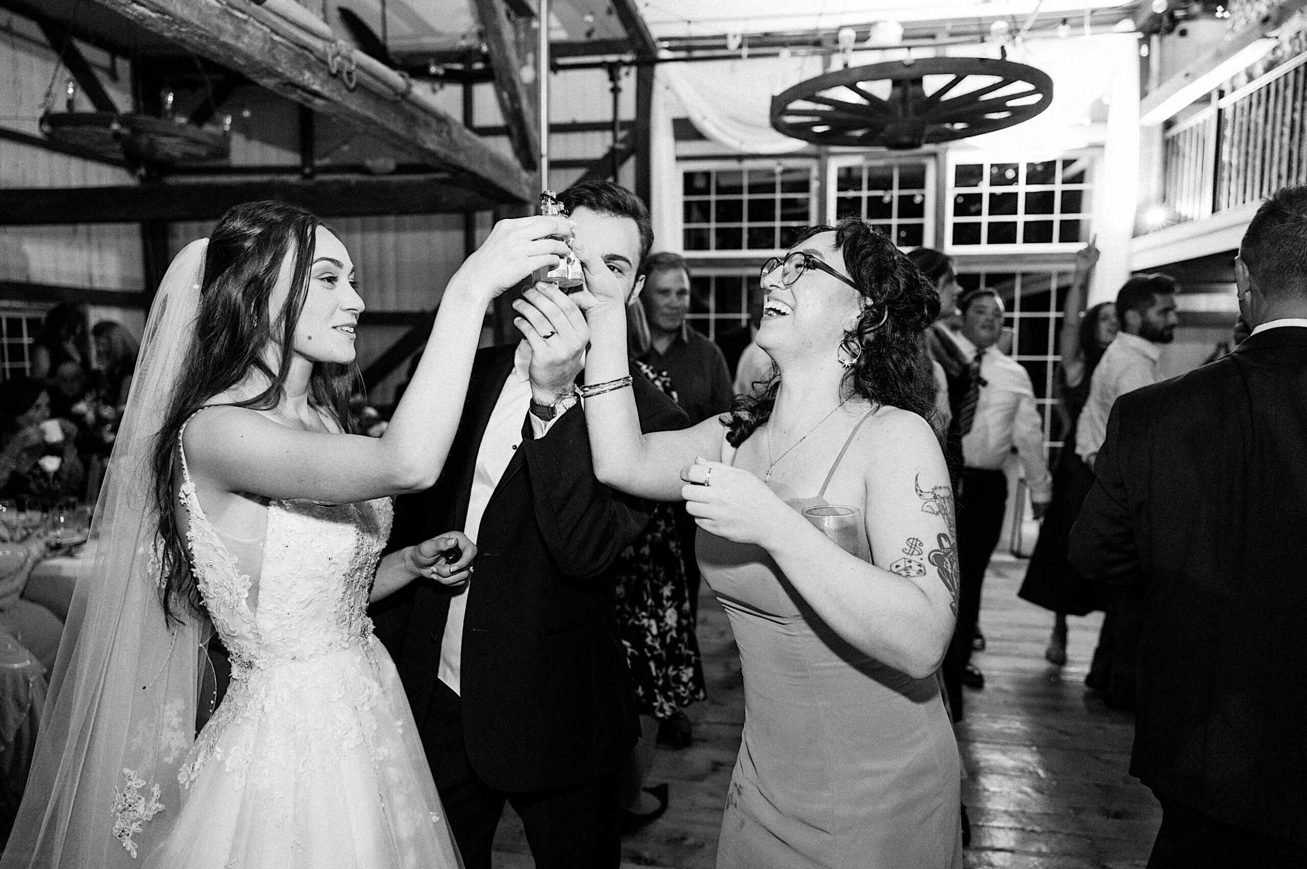 A bride, a man in a suit, and a woman in a dress hold up drinks and smile together at a lively indoor wedding reception during a beautiful Lochwood Manor wedding.