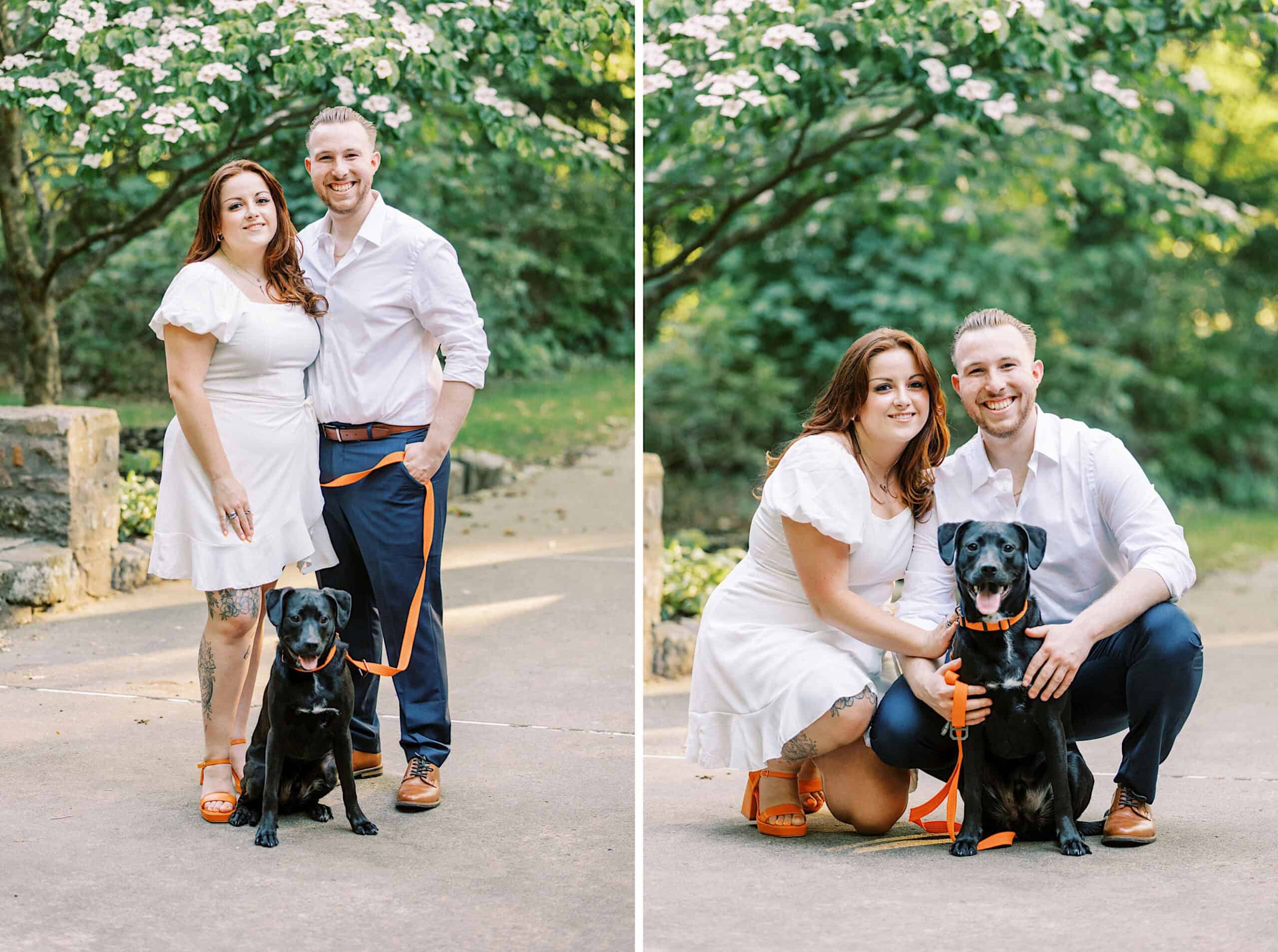 A couple dressed in white and light colors poses outdoors with a black dog on a leash, surrounded by greenery and stone—perfect for Spring Family Photos in Bucks County.
