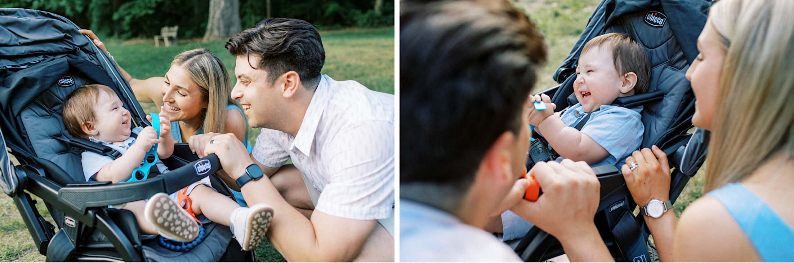 Two adults interact with a smiling baby seated in a stroller outdoors on a sunny day, capturing joyful Spring Family Photos in Bucks County.