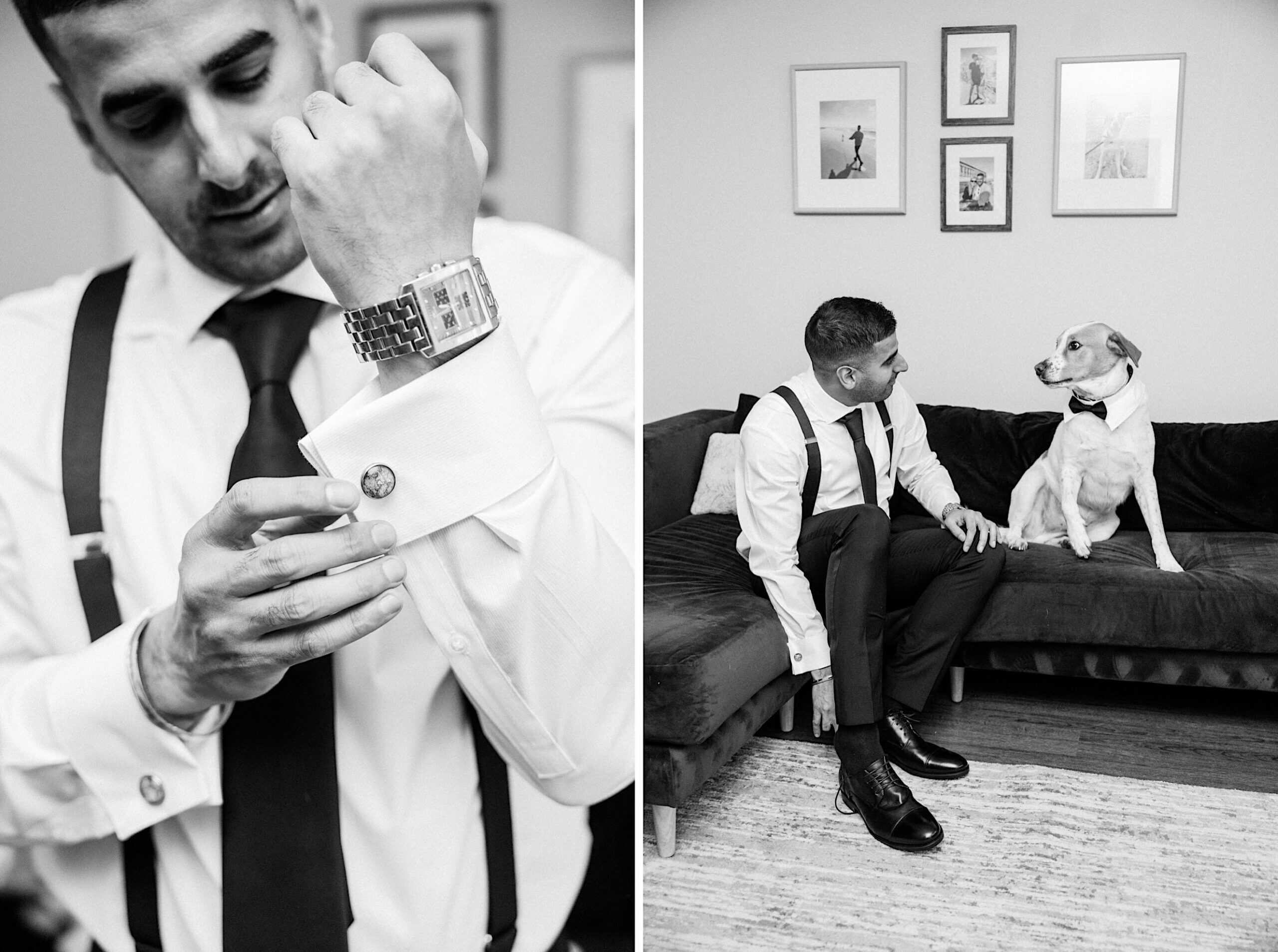 A man in formal attire fastens his cufflinks and sits on a couch next to a dog; the scene radiates the charm of an elegant Philadelphia Cescaphe Wedding at Tendenza, with framed photos adorning the wall behind them.