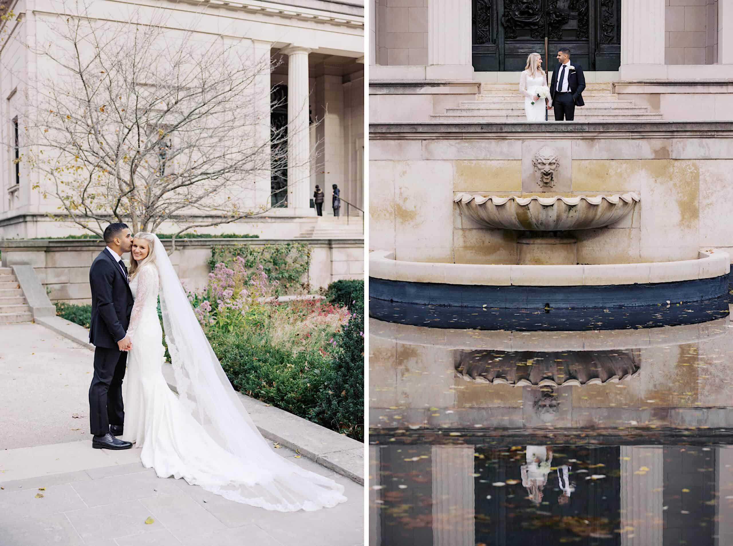 An elegant Philadelphia Cescaphe Wedding at Tendenza: a bride and groom pose outdoors in formal wedding attire near a large building and fountain, with trees and reflections shimmering in the water.