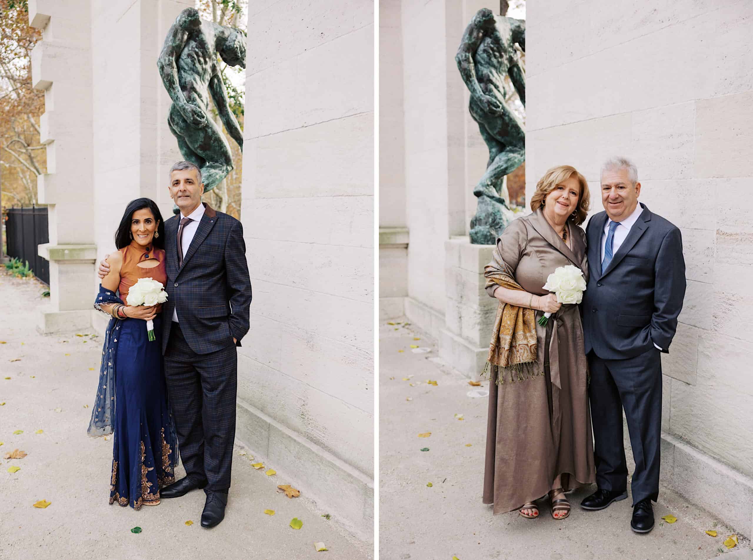 Two posed portraits from an elegant Philadelphia Cescaphe Wedding at Tendenza: left, a woman in a blue dress stands with a man in a plaid suit; right, a woman in taupe with a man in gray. Both pairs hold bouquets.