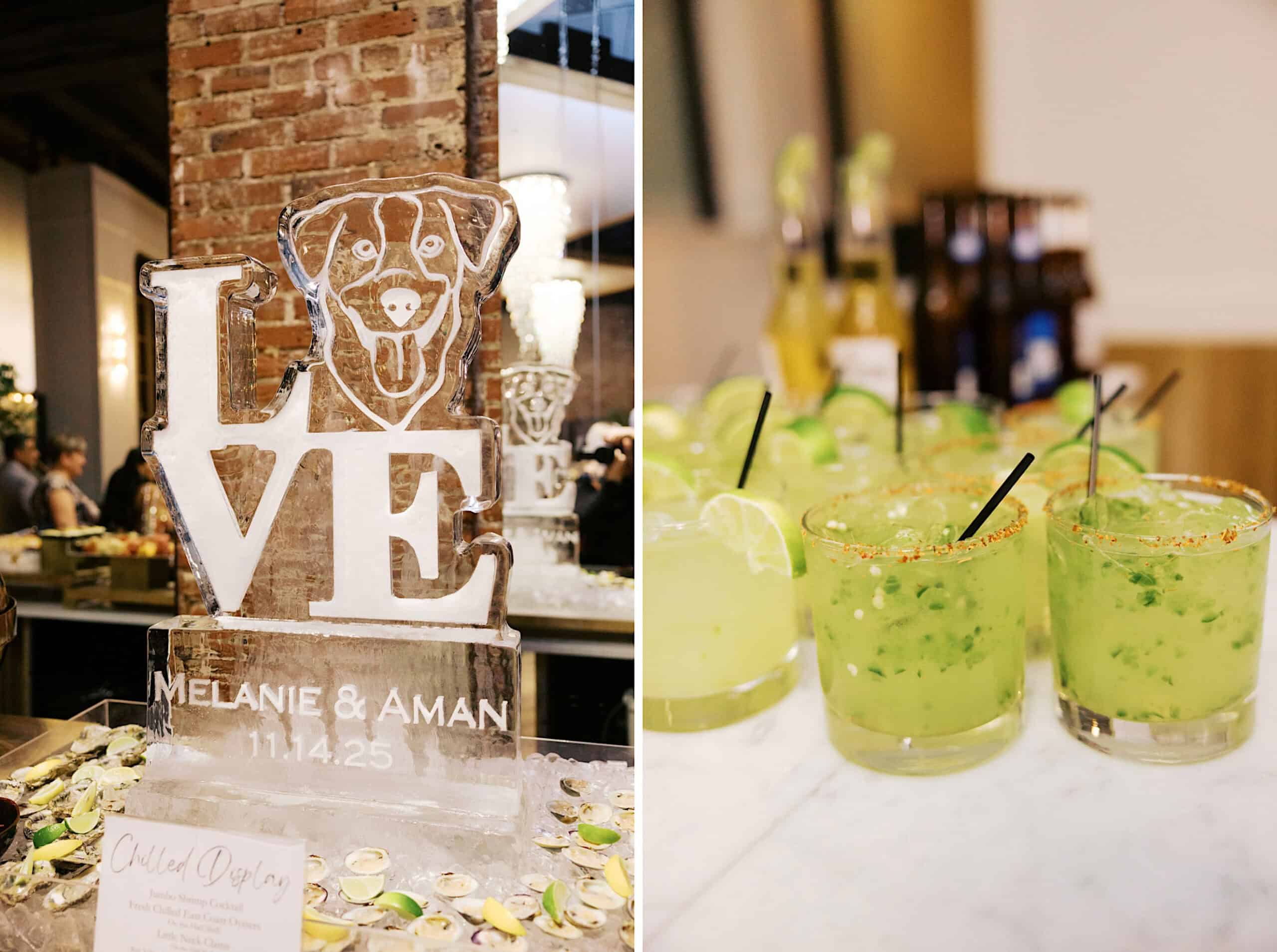 An elegant Philadelphia Cescaphe Wedding at Tendenza features an ice sculpture with "LOVE" and a dog's face, labeled "Melanie & Aman 11.14.25," beside green cocktails garnished with lime and herbs on a marble countertop.