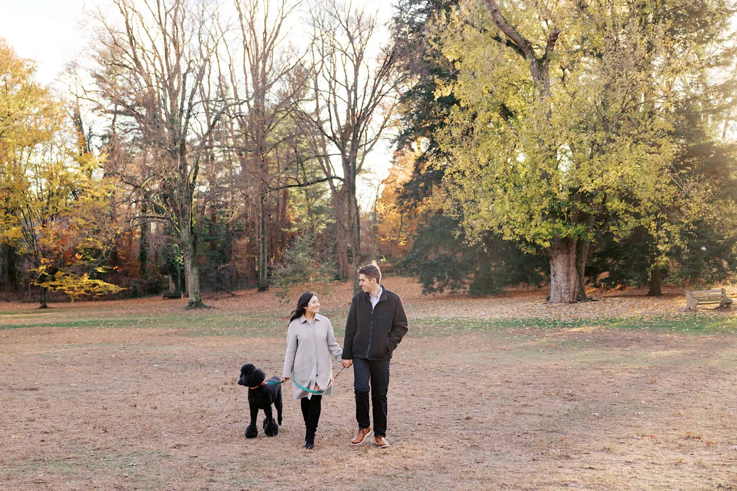 A couple enjoys a stroll with their large black dog on a leash through a park filled with autumn trees and fallen leaves, perfect for fall engagement photos in Chestnut Hill.