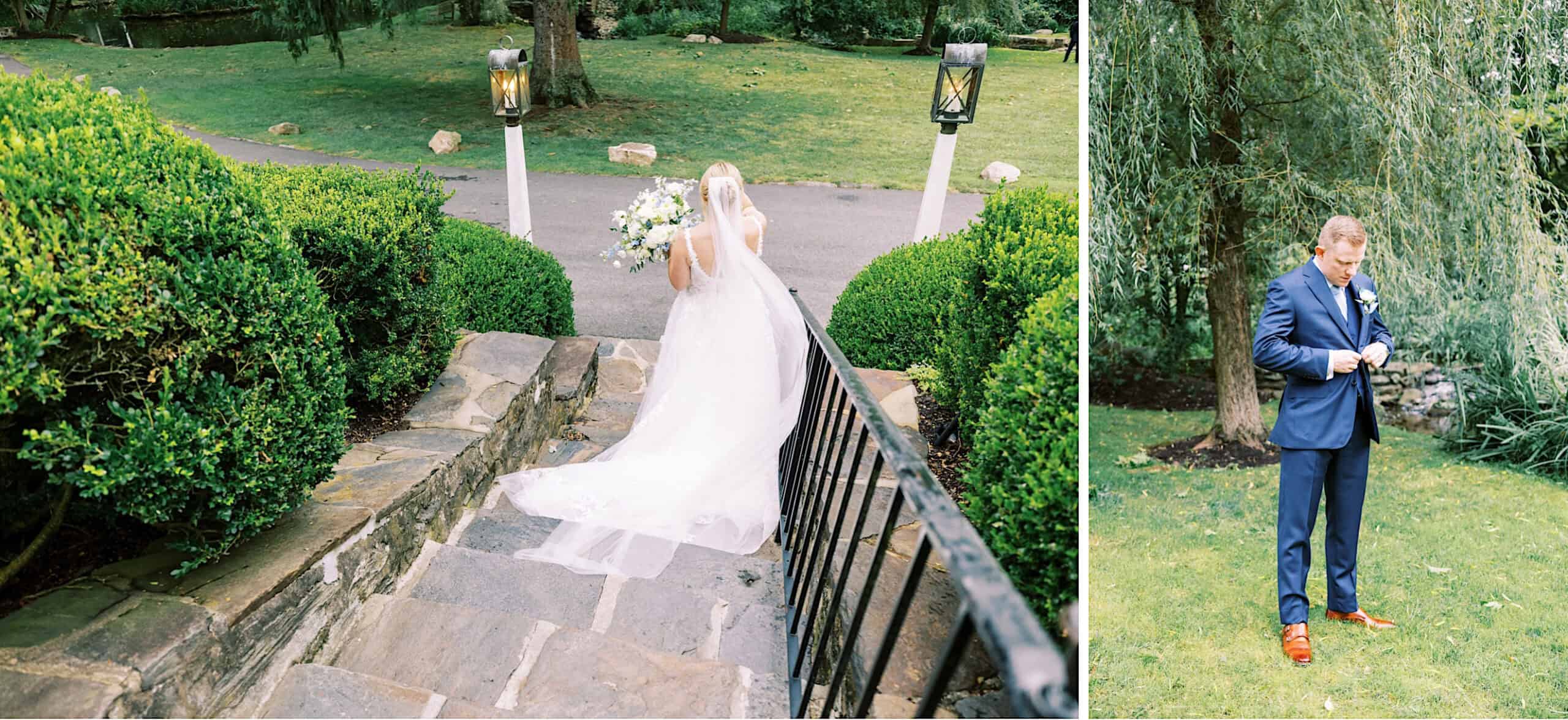 At a Summer Wedding at Appleford Estate, a bride in a white gown walks up stone steps with her bouquet, while the groom in a navy suit stands on the grass nearby, adjusting his cuff.