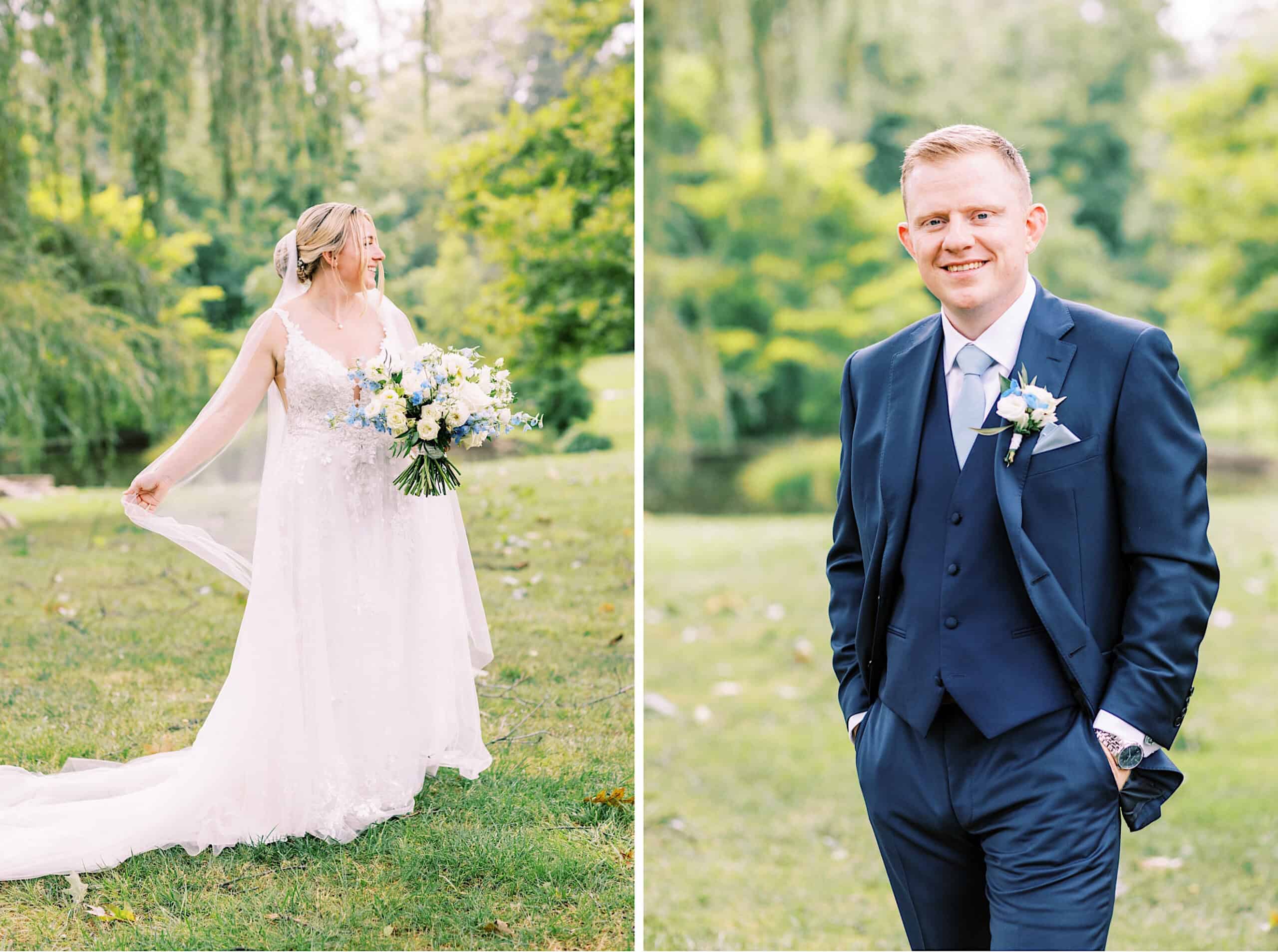A bride in a white dress holding a bouquet and a groom in a navy suit stand outdoors on a grassy area with green trees, capturing the romance of a Summer Wedding at Appleford Estate.