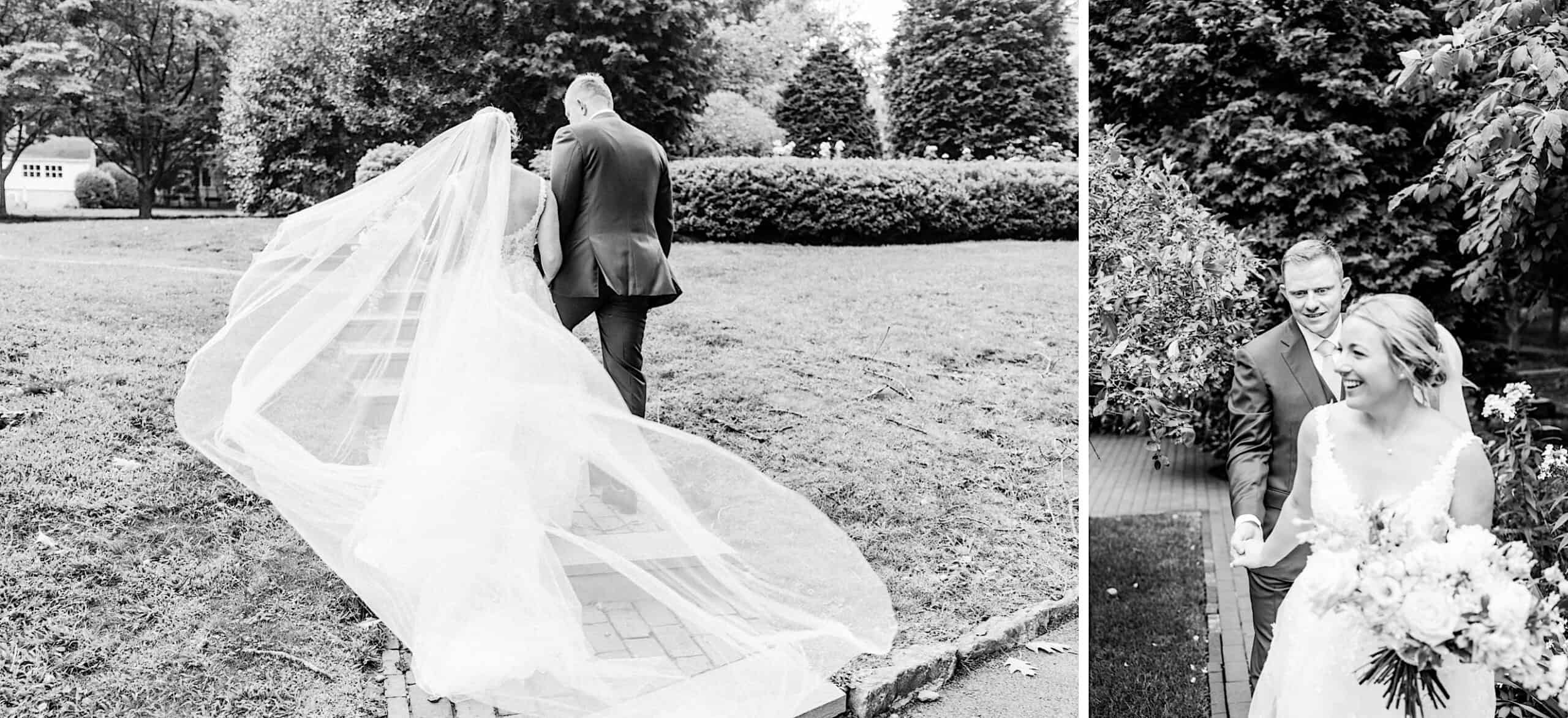 Black and white photo of a bride and groom walking outdoors at their Summer Wedding at Appleford Estate, the bride’s veil trailing behind her, and another shot of them smiling together.