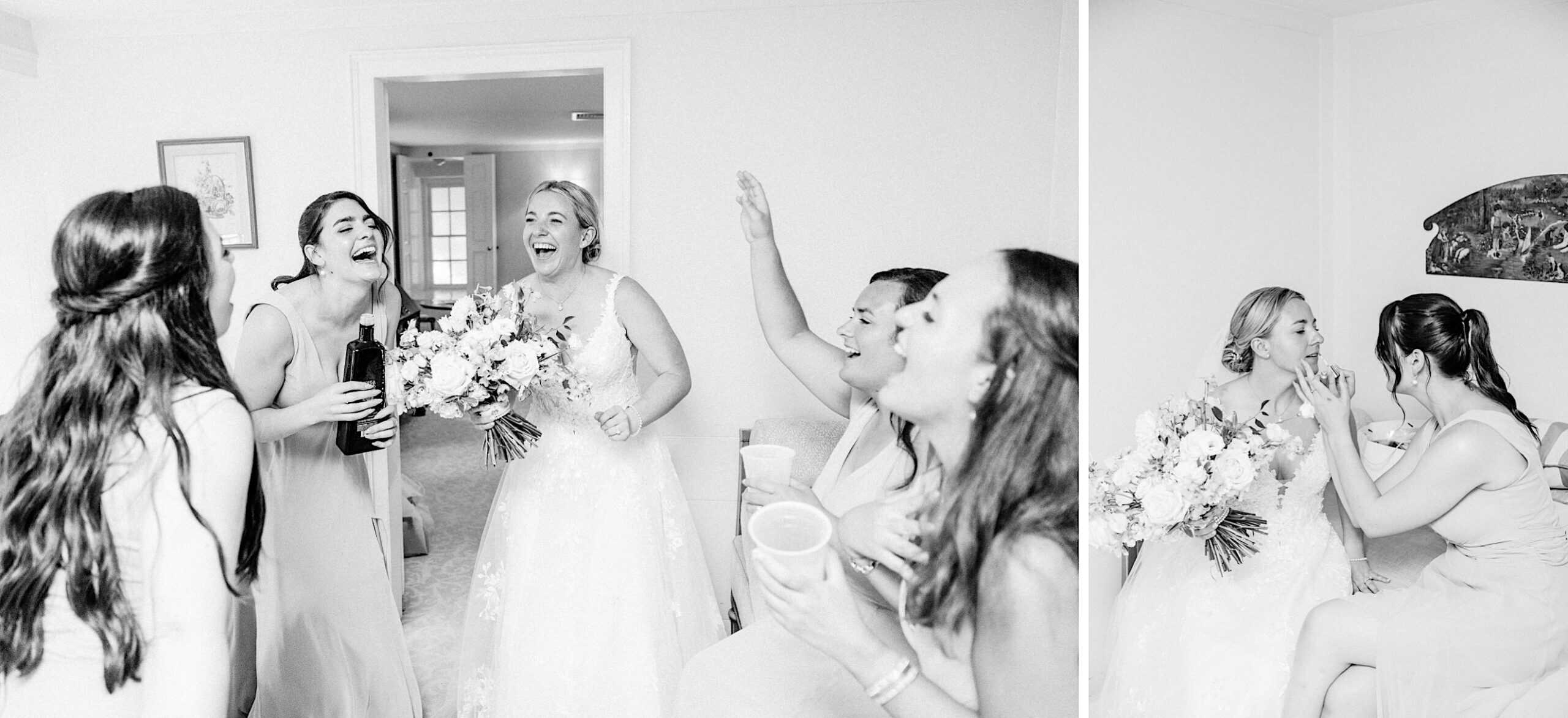 A bride and bridesmaids celebrate indoors, holding drinks and flowers, laughing together in a brightly lit room during a joyful summer wedding at Appleford Estate.