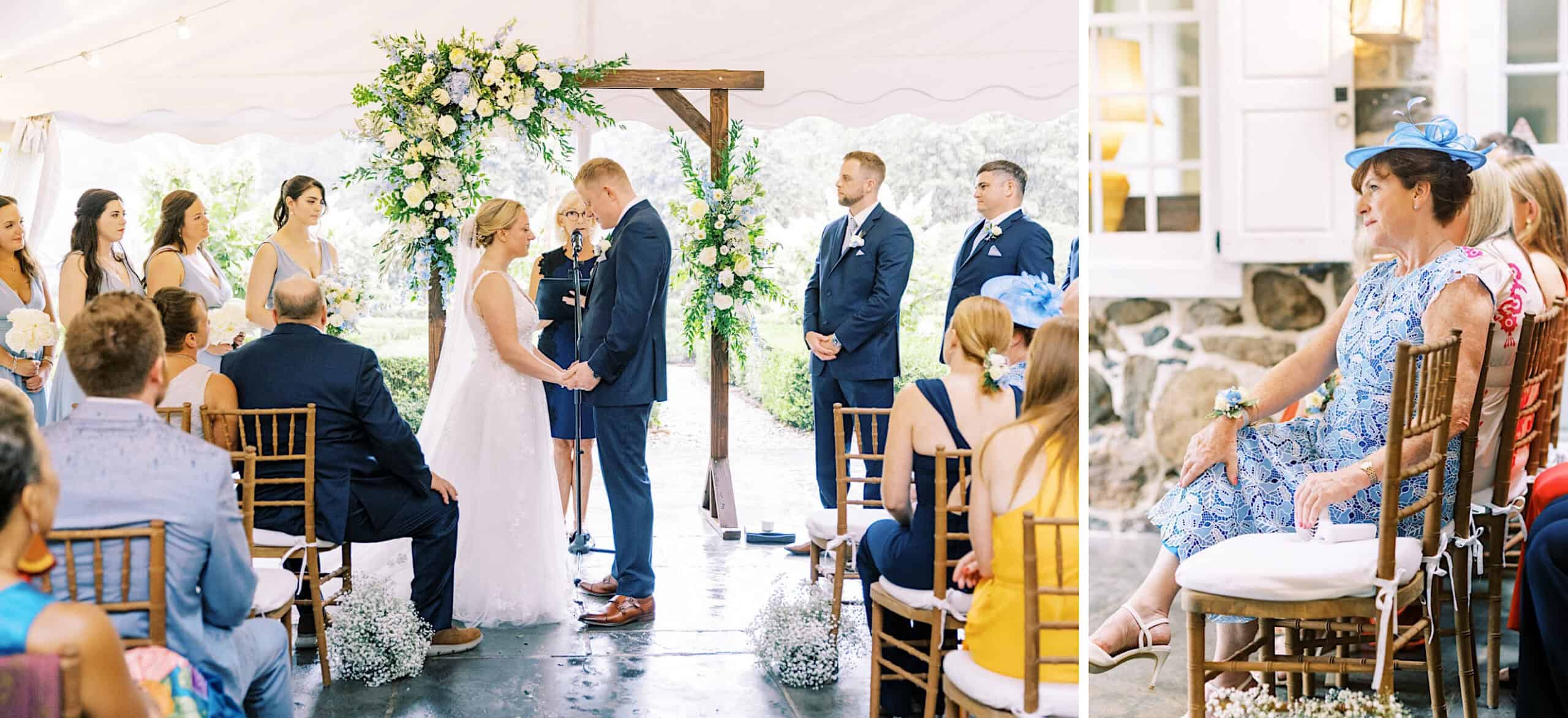 A bride and groom stand at the altar during a beautiful Summer Wedding at Appleford Estate, surrounded by their wedding party and guests, with a floral arch in the background.