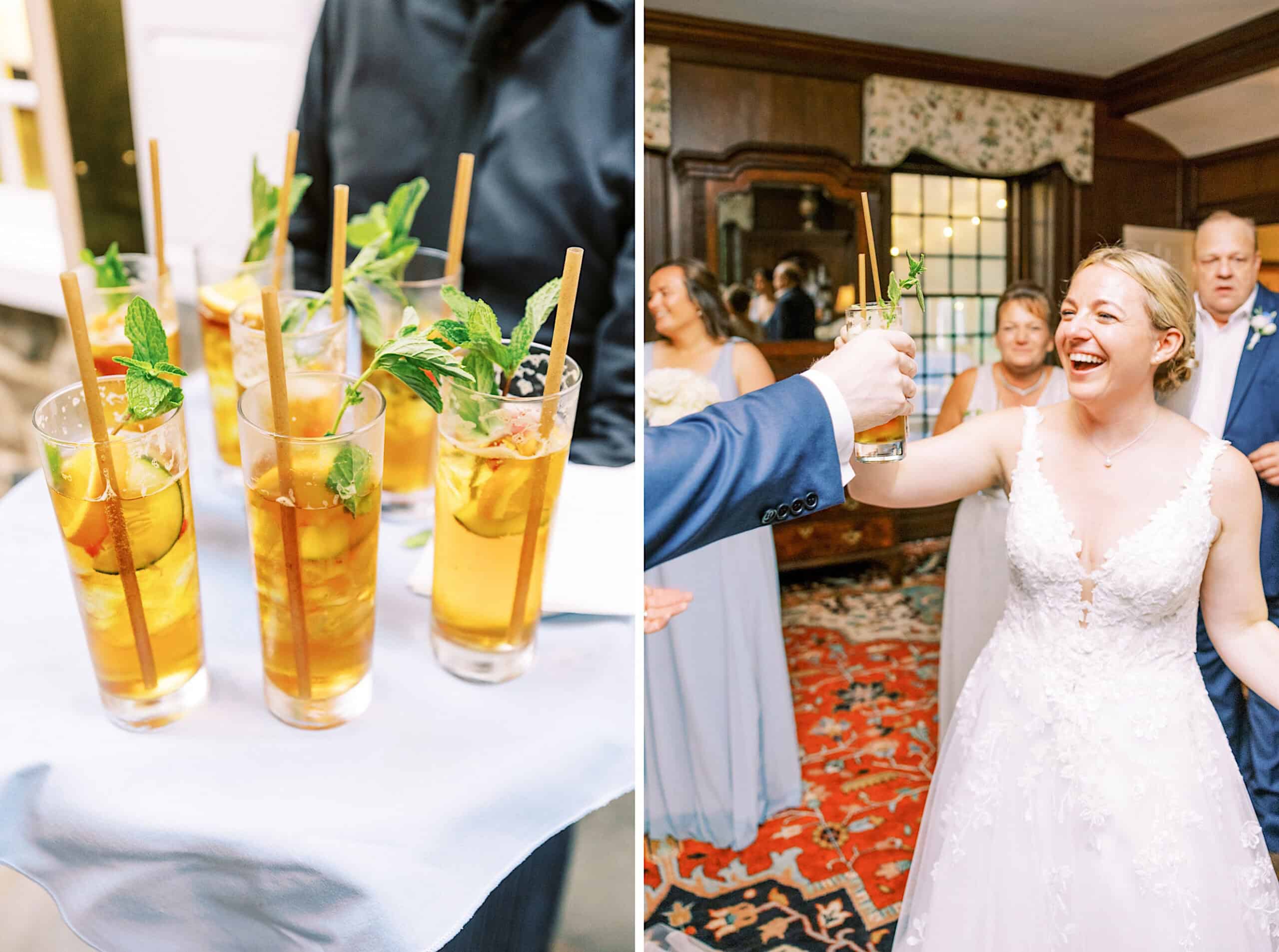 Left: Glasses of iced drinks with mint and straws on a tray. Right: Bride smiling, toasting with a guest at an indoor Summer Wedding at Appleford Estate.