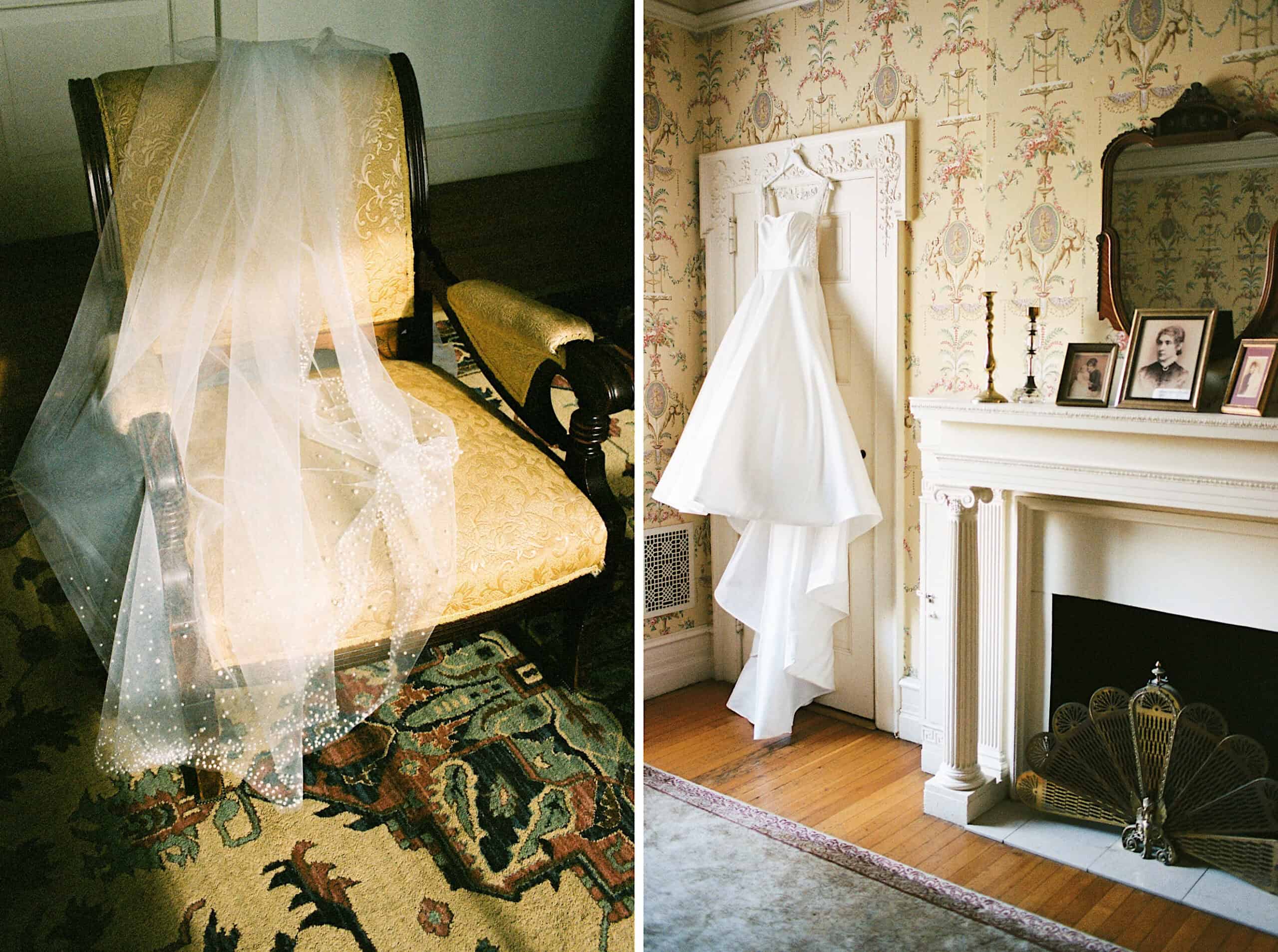 A white wedding veil rests on an ornate chair, while a white gown hangs by the fireplace with framed photos on the mantle—capturing the essence of an elegant Cairnwood Estate Wedding.