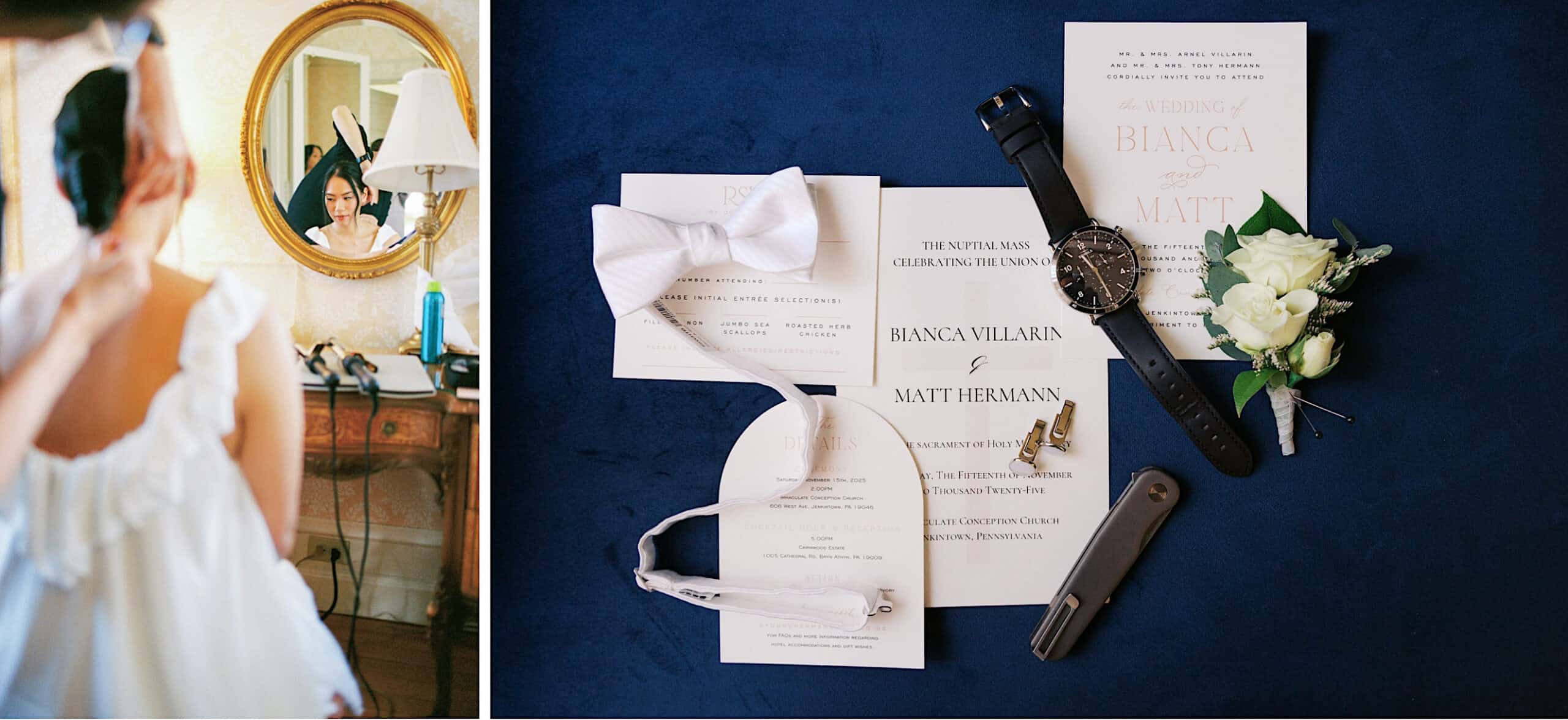 A woman adjusts her hair in front of a mirror on the left, while wedding invitations, a bow tie, watch, boutonnière, and knife are elegantly arranged on a blue surface—capturing the refined details of an elegant Cairnwood Estate Wedding.