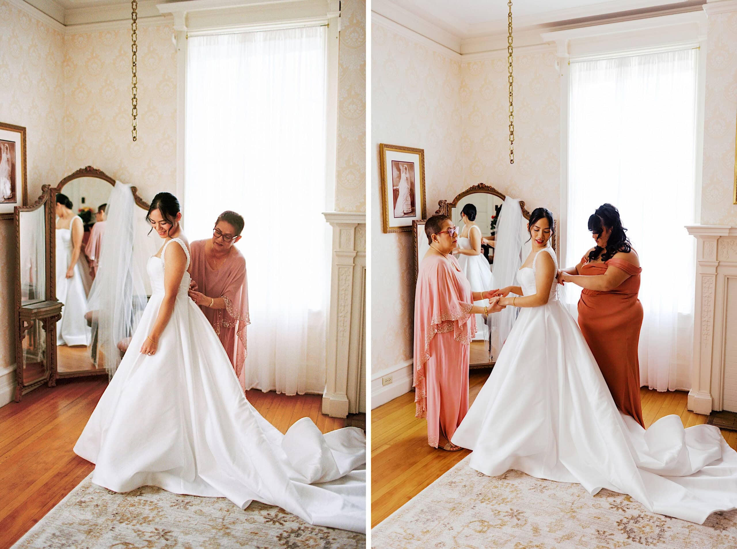 A bride in a white gown stands in a bright room during an elegant Cairnwood Estate Wedding, while two women help her adjust her dress; one image shows one helper, the other shows both.