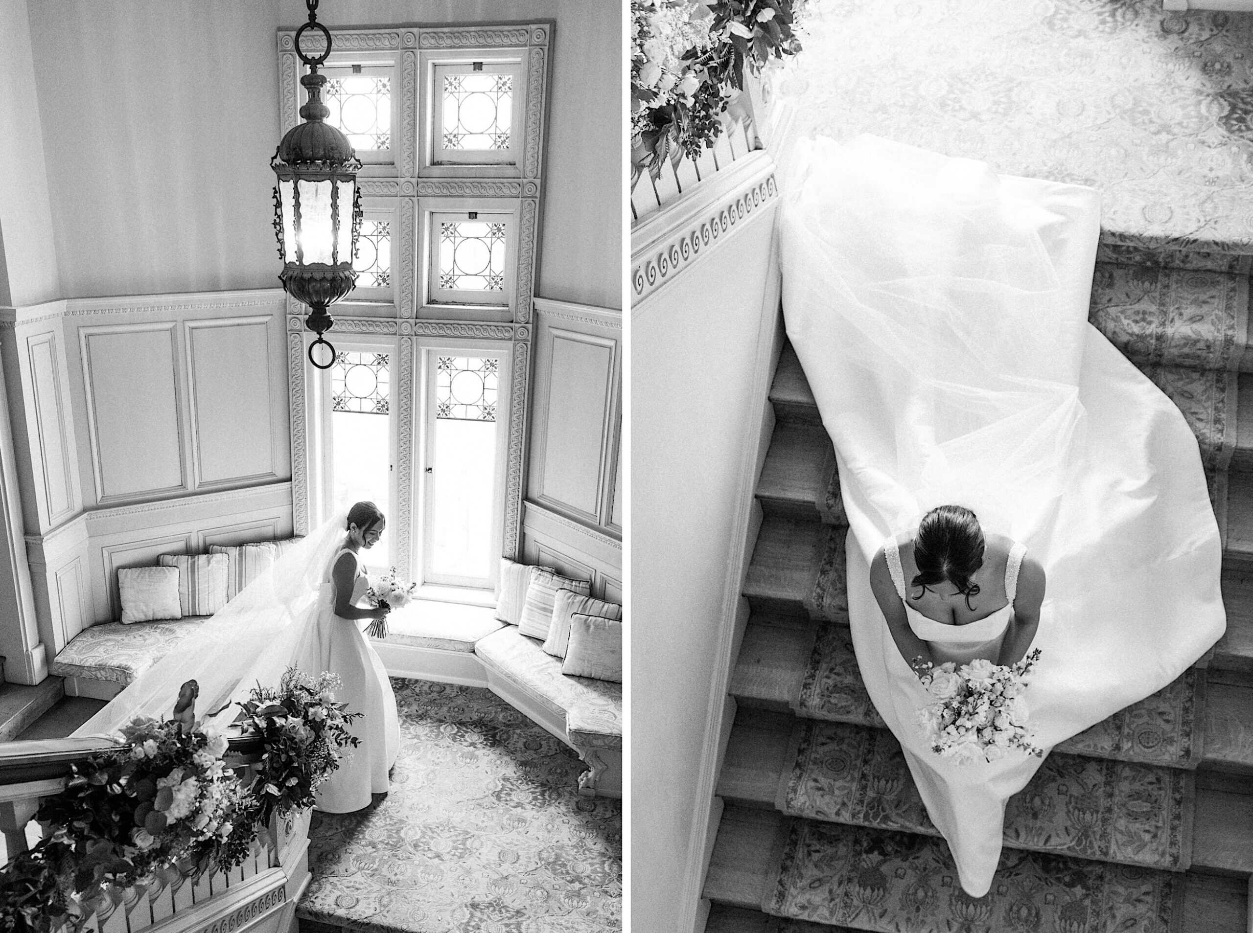 A bride in a wedding dress holds a bouquet while descending a staircase in an elegant, well-lit interior with large windows at an elegant Cairnwood Estate Wedding.