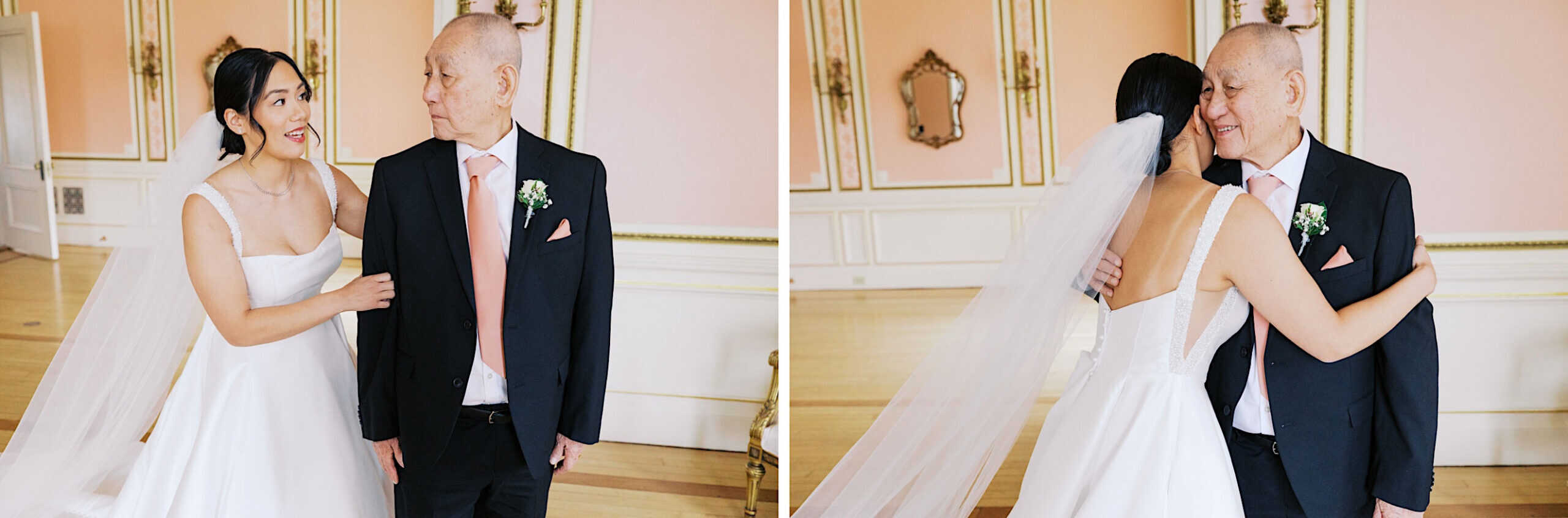 A bride in a white dress and veil embraces an older man in a suit and pink tie inside an elegant room with peach-colored walls and ornate trim at an elegant Cairnwood Estate wedding.