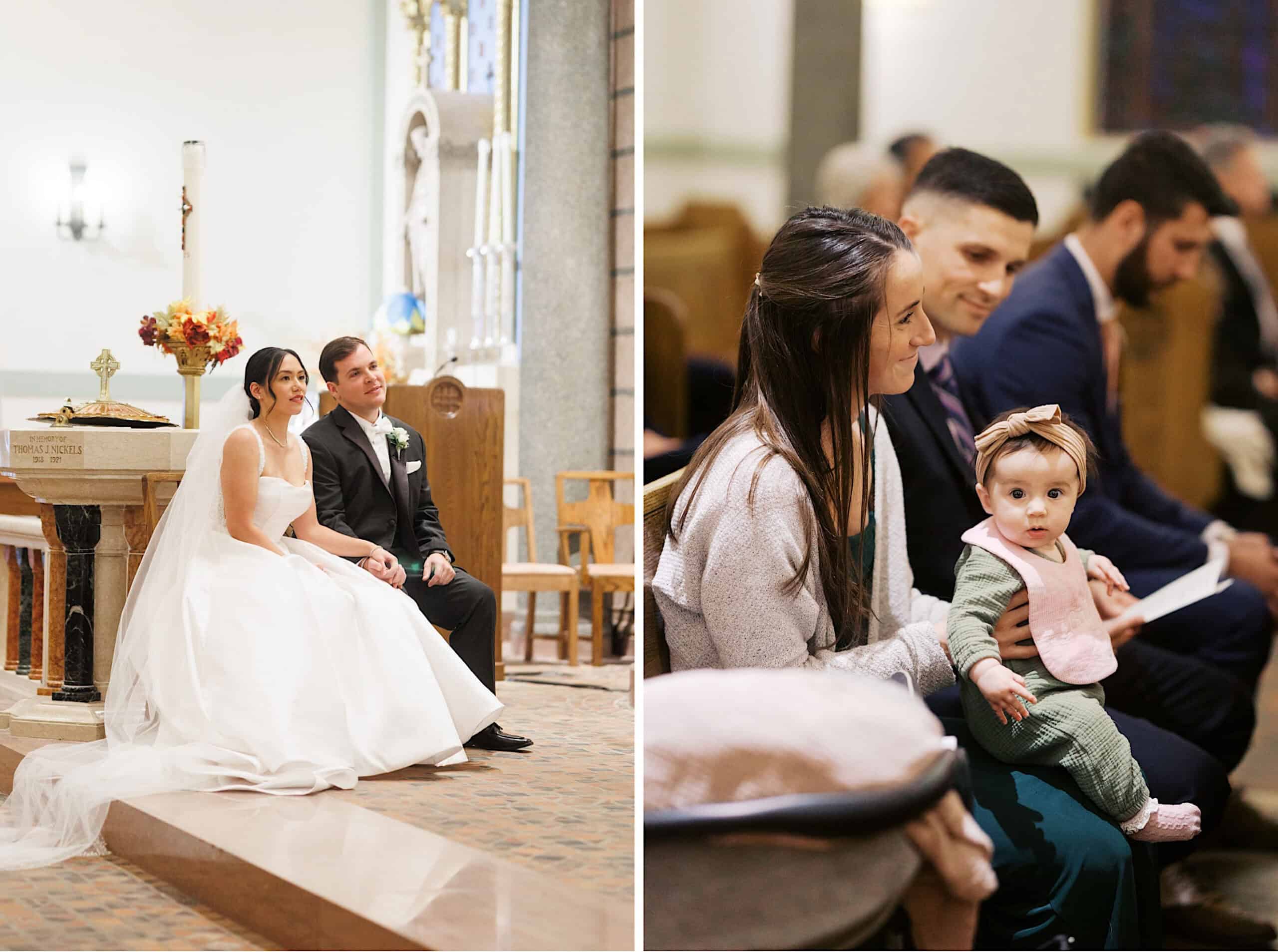 A bride and groom sit at the altar in a church; on the right, a woman holds a baby among guests during this elegant Cairnwood Estate Wedding ceremony.