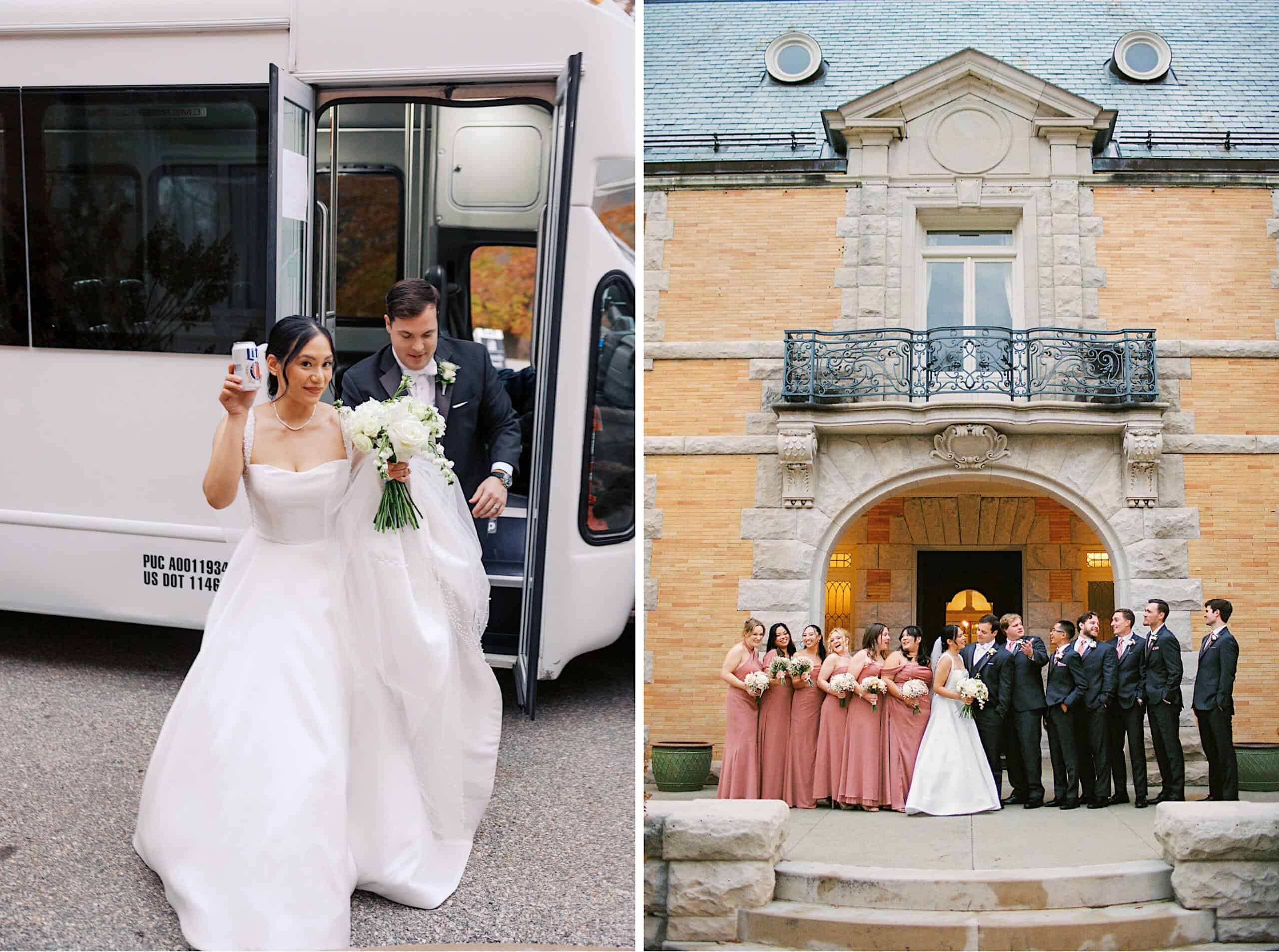 Left: Bride holding a drink and bouquet steps off a bus with the groom behind her. Right: Wedding party poses outside a large stone building during an elegant Cairnwood Estate Wedding.