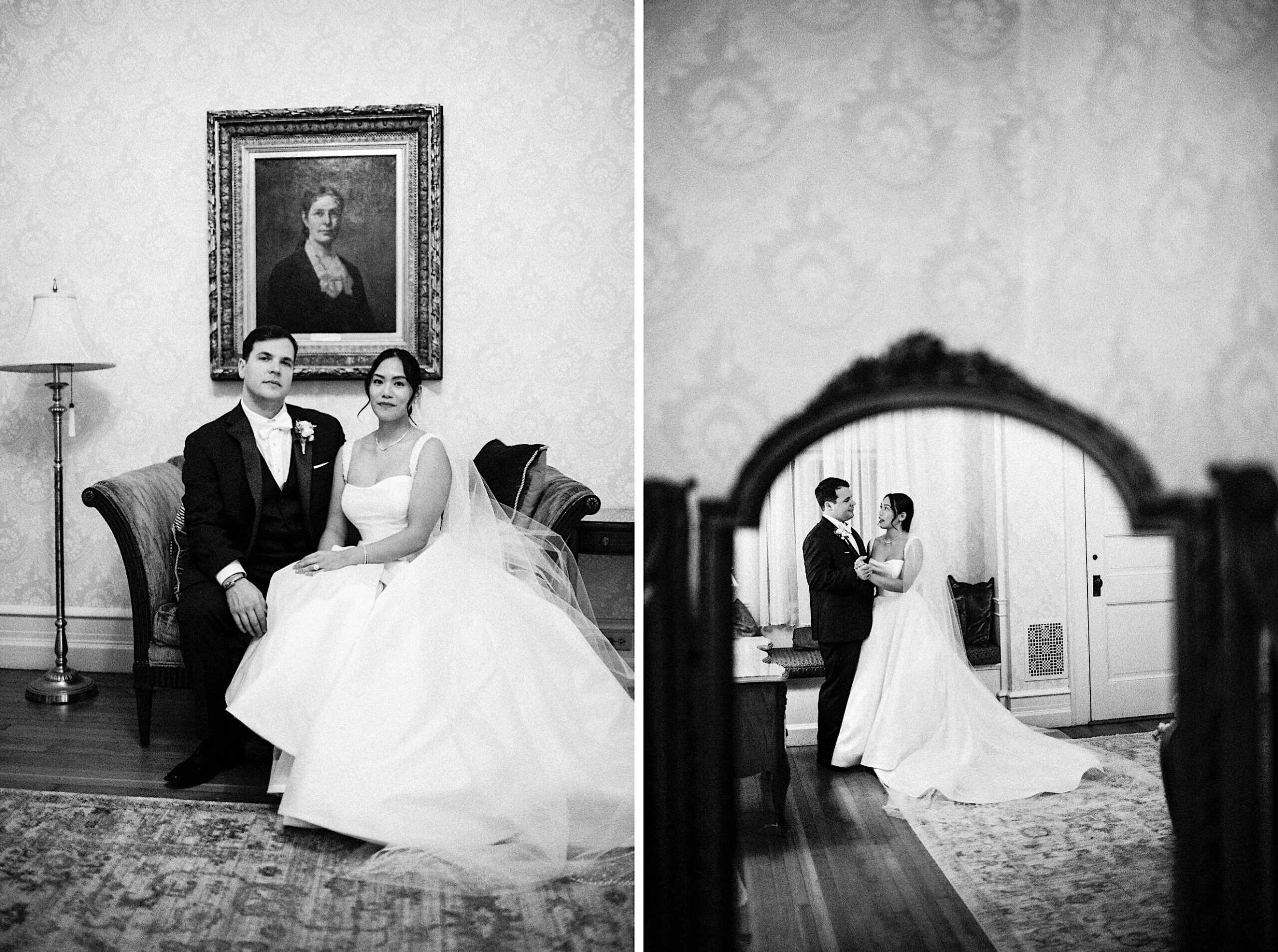 A bride and groom sit on a couch beneath a portrait at their elegant Cairnwood Estate Wedding; in another photo, they stand together, reflected in a mirror, in a formal room.