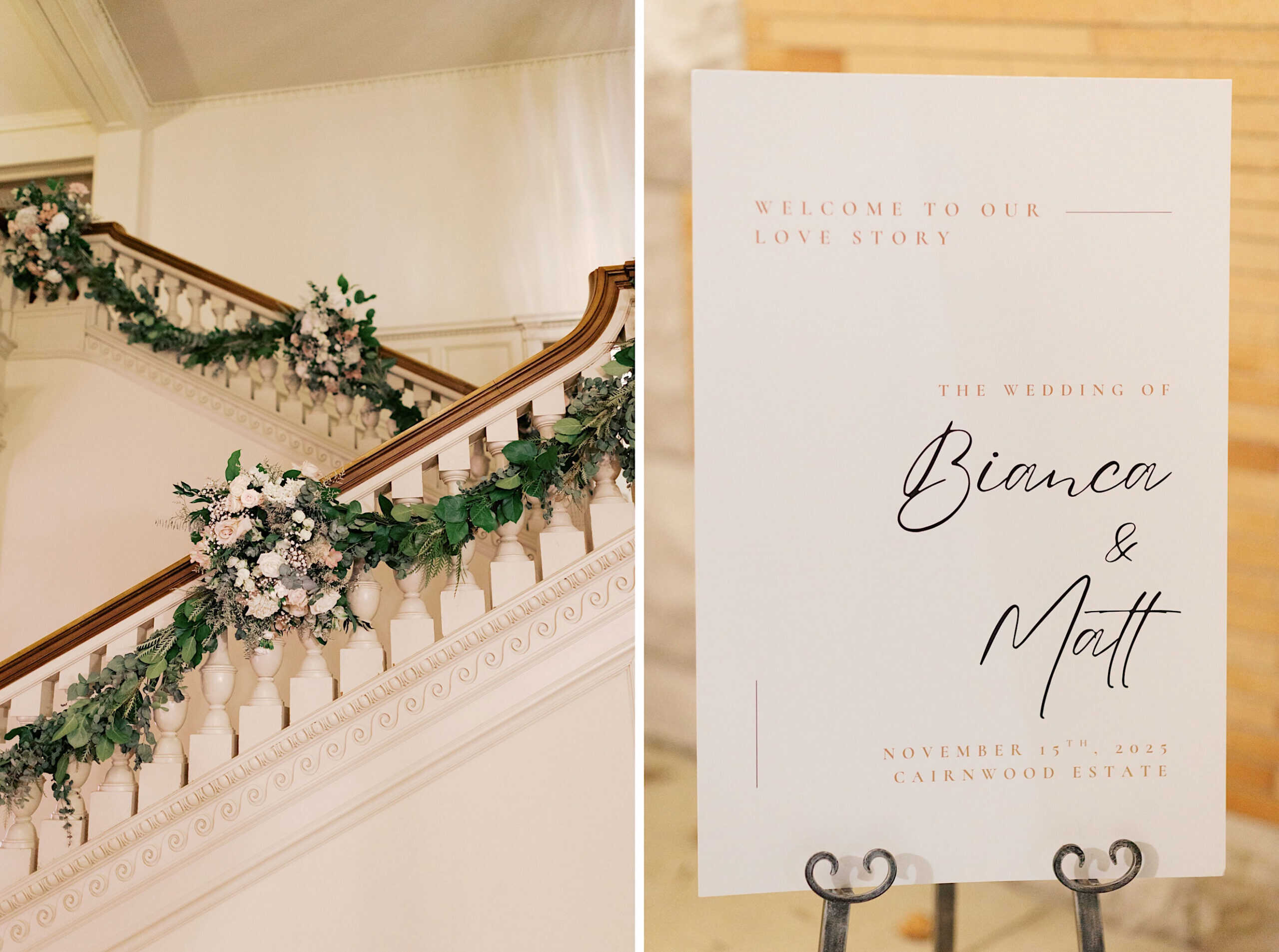 A decorated staircase with floral arrangements beside a wedding welcome sign for Bianca and Matt, dated November 15th, 2023, captures the charm of an elegant Cairnwood Estate Wedding.