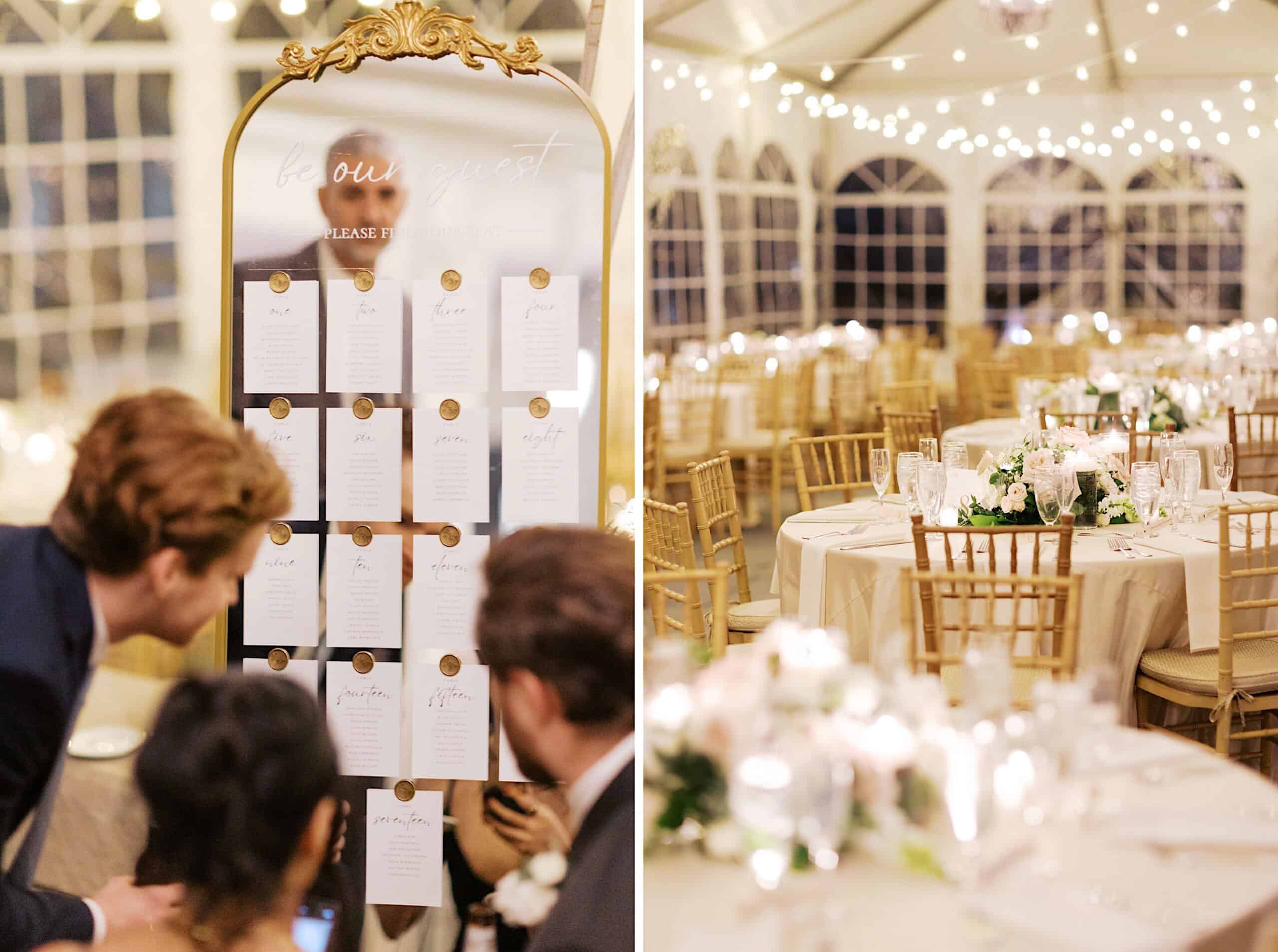 Three people examine a wedding seating chart displayed on a mirror at an elegant Cairnwood Estate Wedding; adjacent tables with floral centerpieces and gold chairs are set up in a decorated tent.