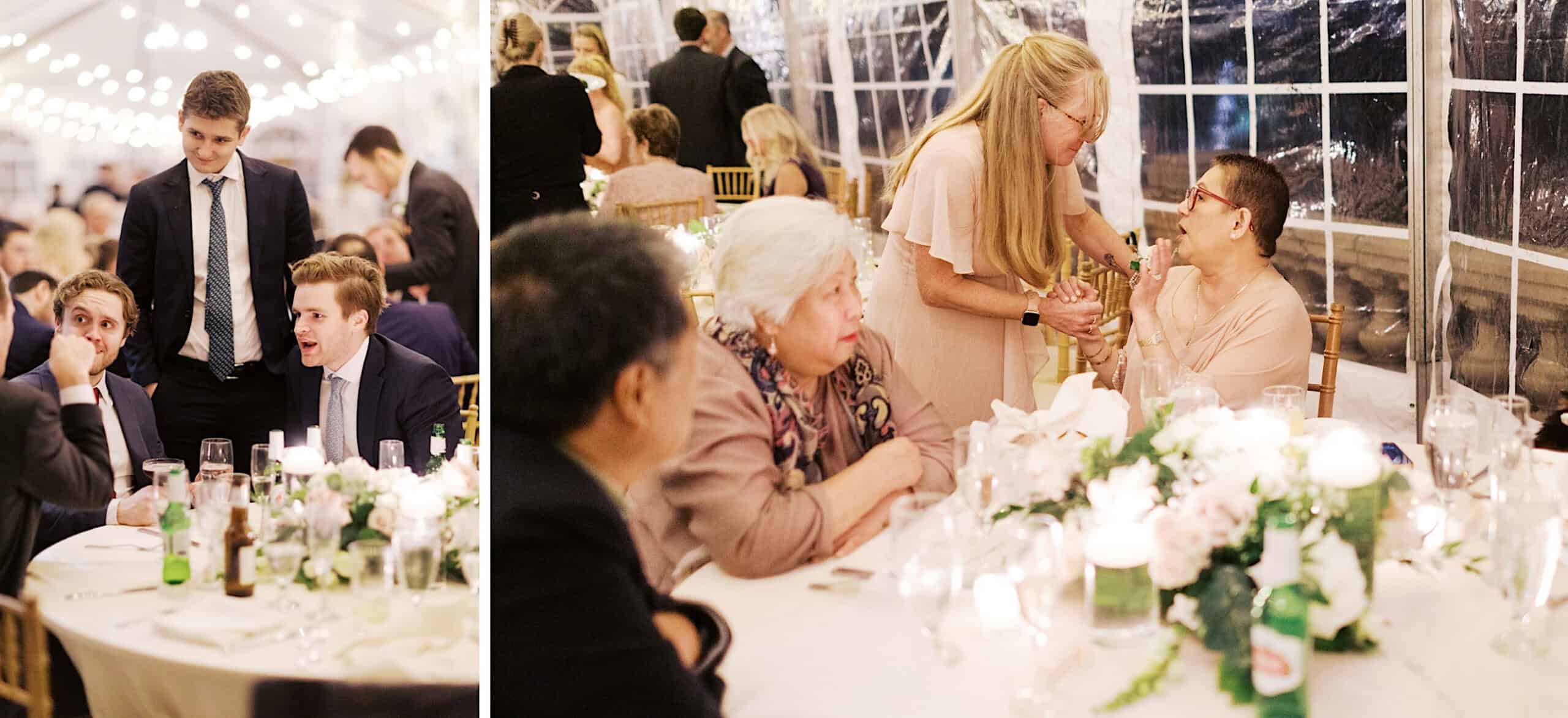 Two photos capture guests seated at decorated tables during an elegant Cairnwood Estate Wedding; some are engaged in conversation while others are greeting each other.